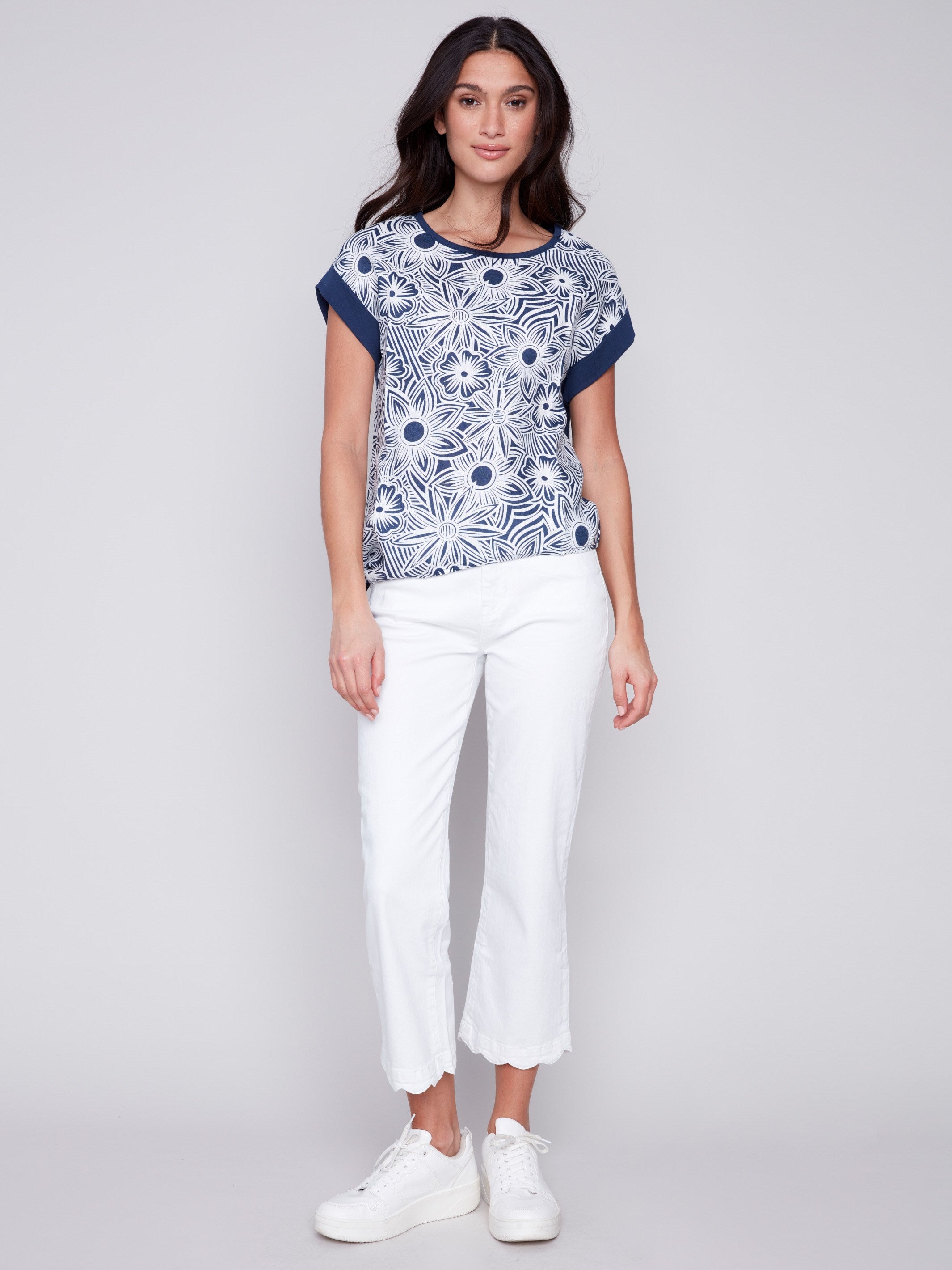 Printed Linen Top with Side Tie - Navy - Charlie B Collection Canada - Image 3