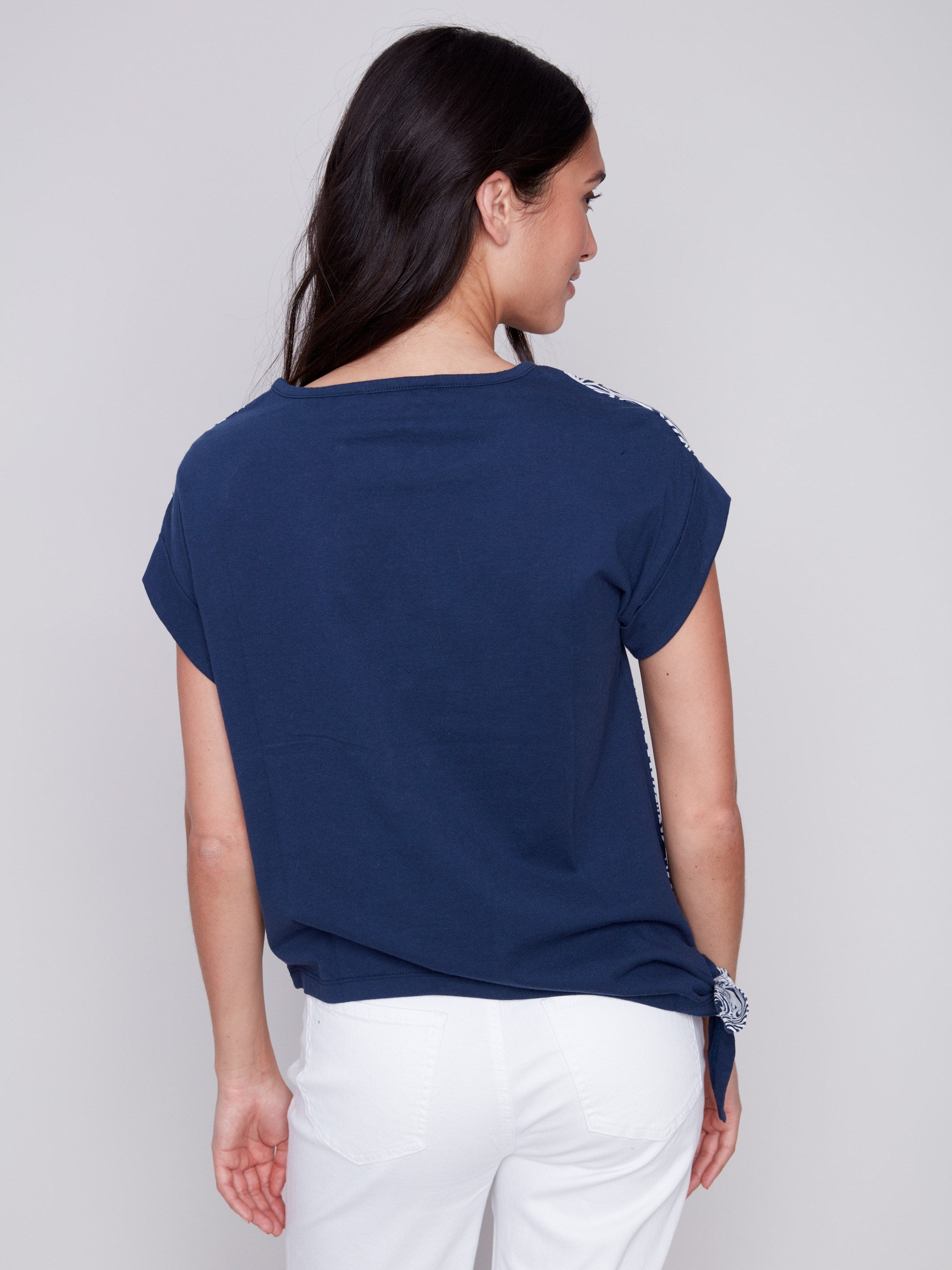 Printed Linen Top with Side Tie - Navy - Charlie B Collection Canada - Image 5