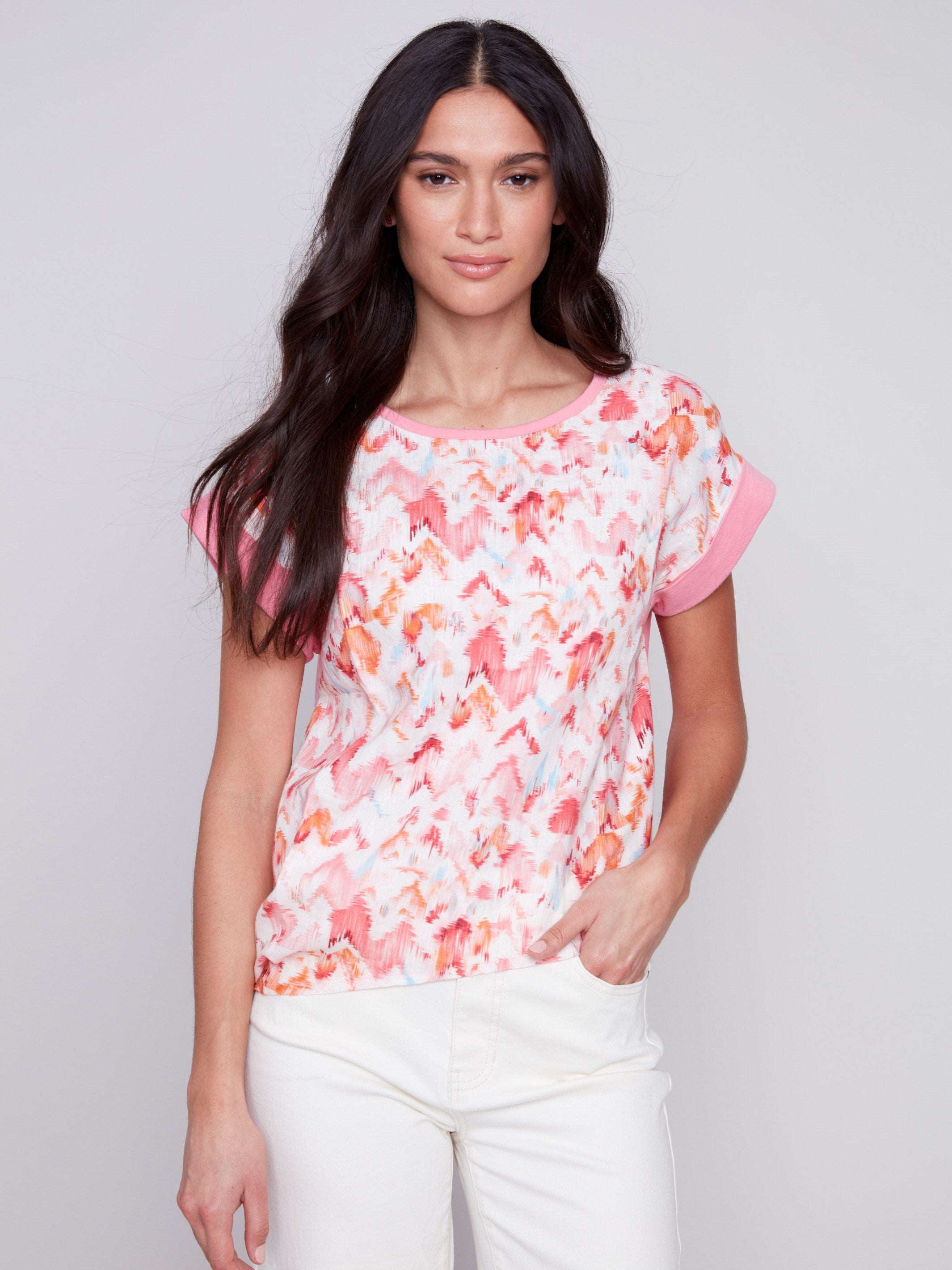 Printed Linen Top with Side Tie - Pink - Charlie B Collection Canada - Image 1