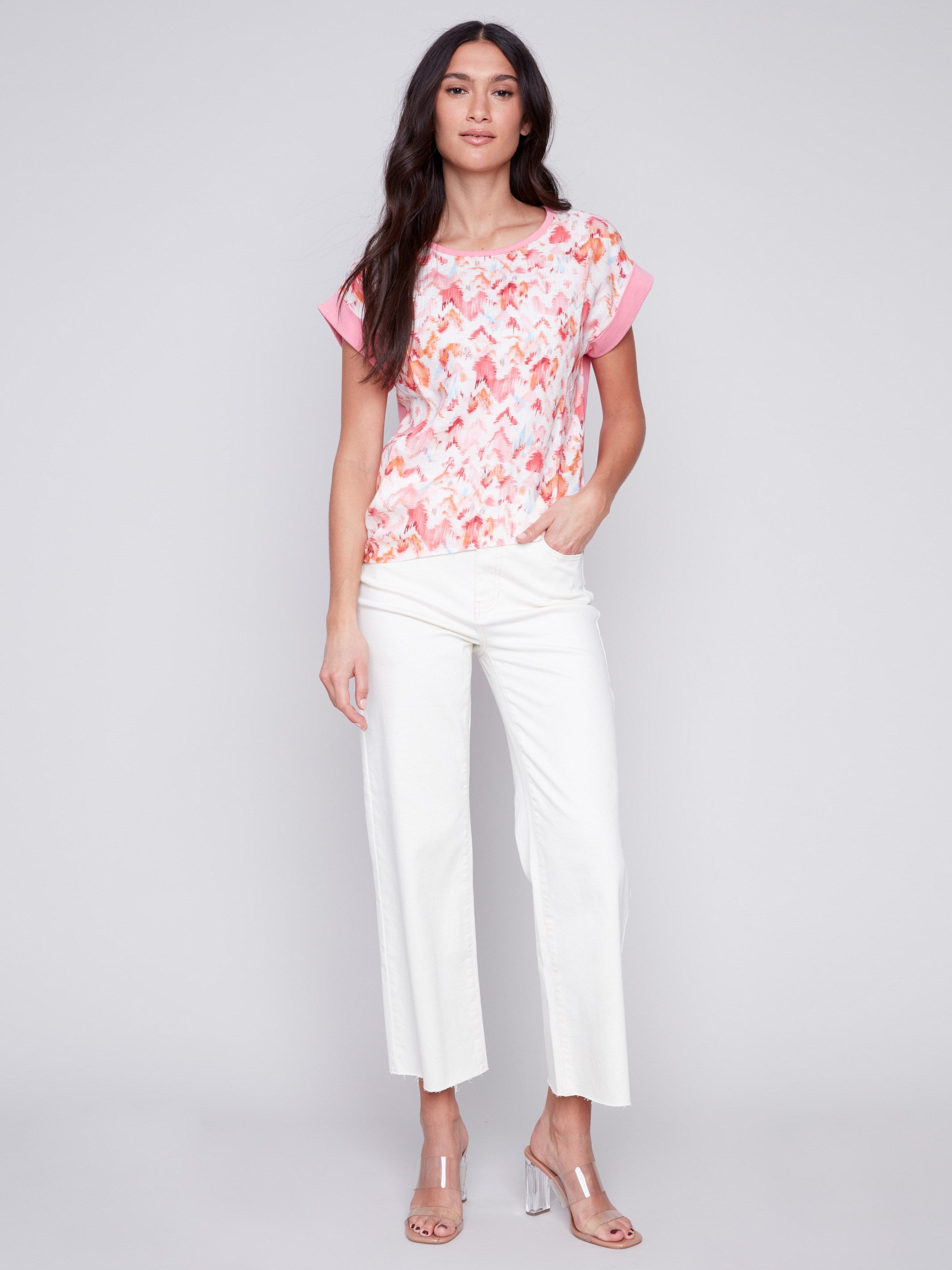 Printed Linen Top with Side Tie - Pink - Charlie B Collection Canada - Image 3