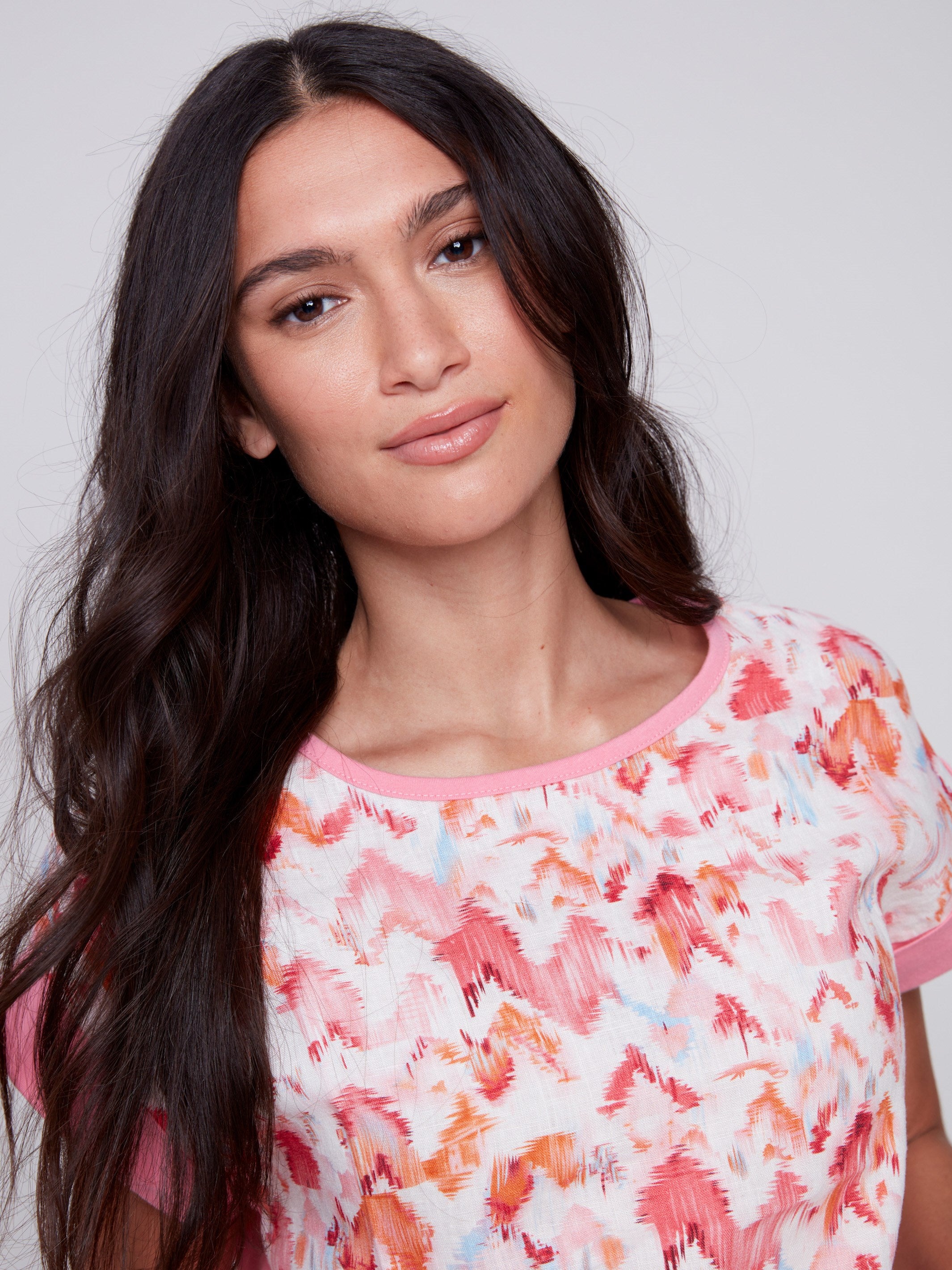 Printed Linen Top with Side Tie - Pink - Charlie B Collection Canada - Image 4