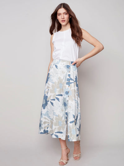 Printed Long Linen Skirt with Side Buttons - Basil - C7066 Charlie B Collection Canada 6