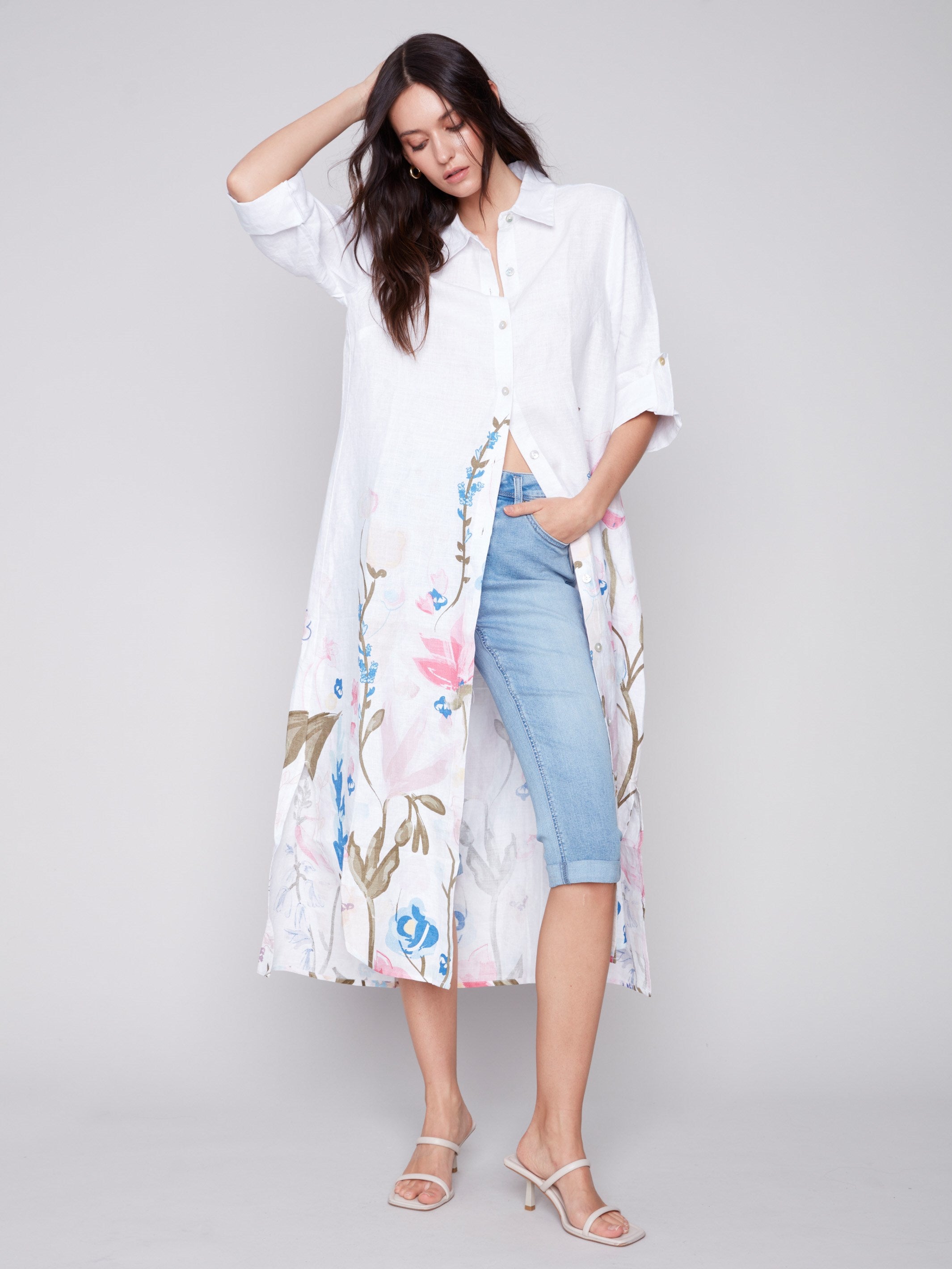 Printed Long Linen Tunic Dress - Pastel - Charlie B Collection Canada - Image 2