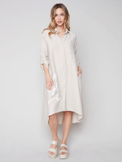 Printed Long Shirt Dress - Greige - C3134 Charlie B Collection Canada