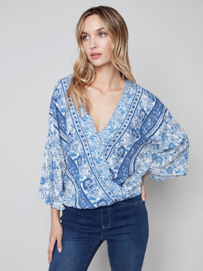 Printed Overlap Blouse - Cerulean - C4466 Charlie B Collection Canada 1