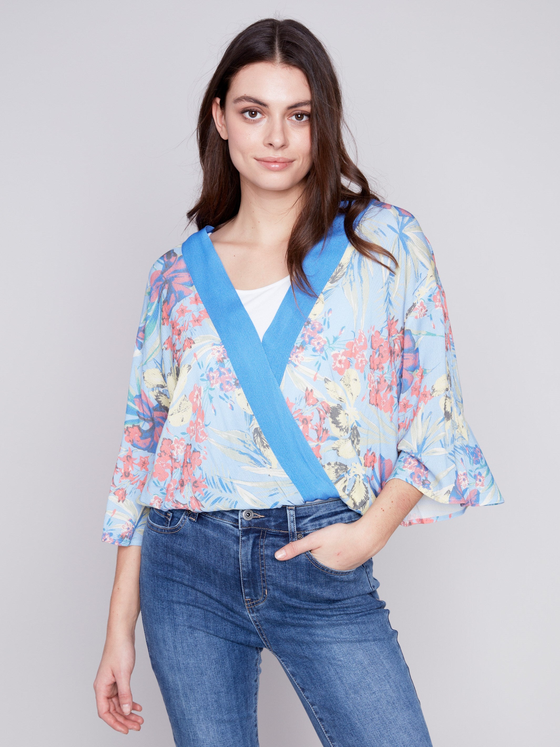 Printed Overlap Blouse - Lillypad - Charlie B Collection Canada - Image 1