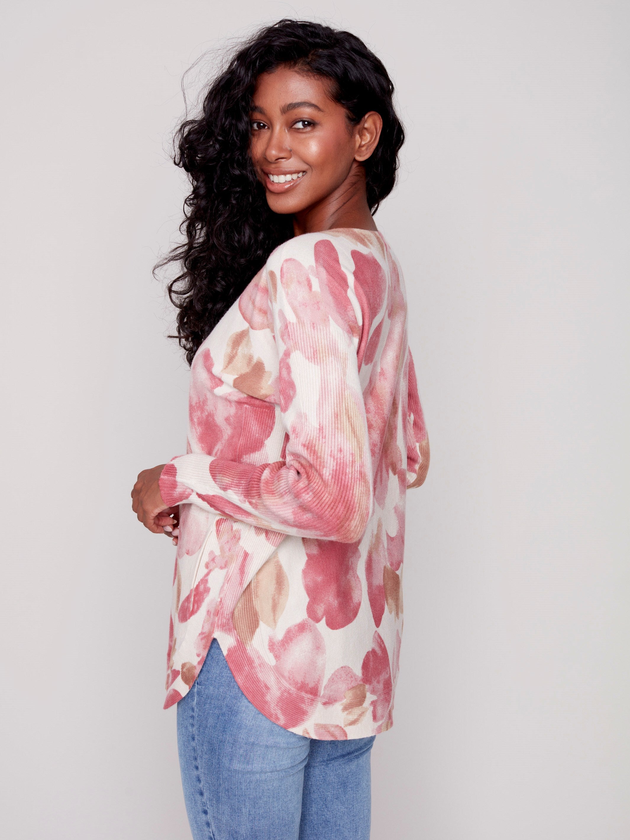 Printed Plush Knit Sweater - Orchid