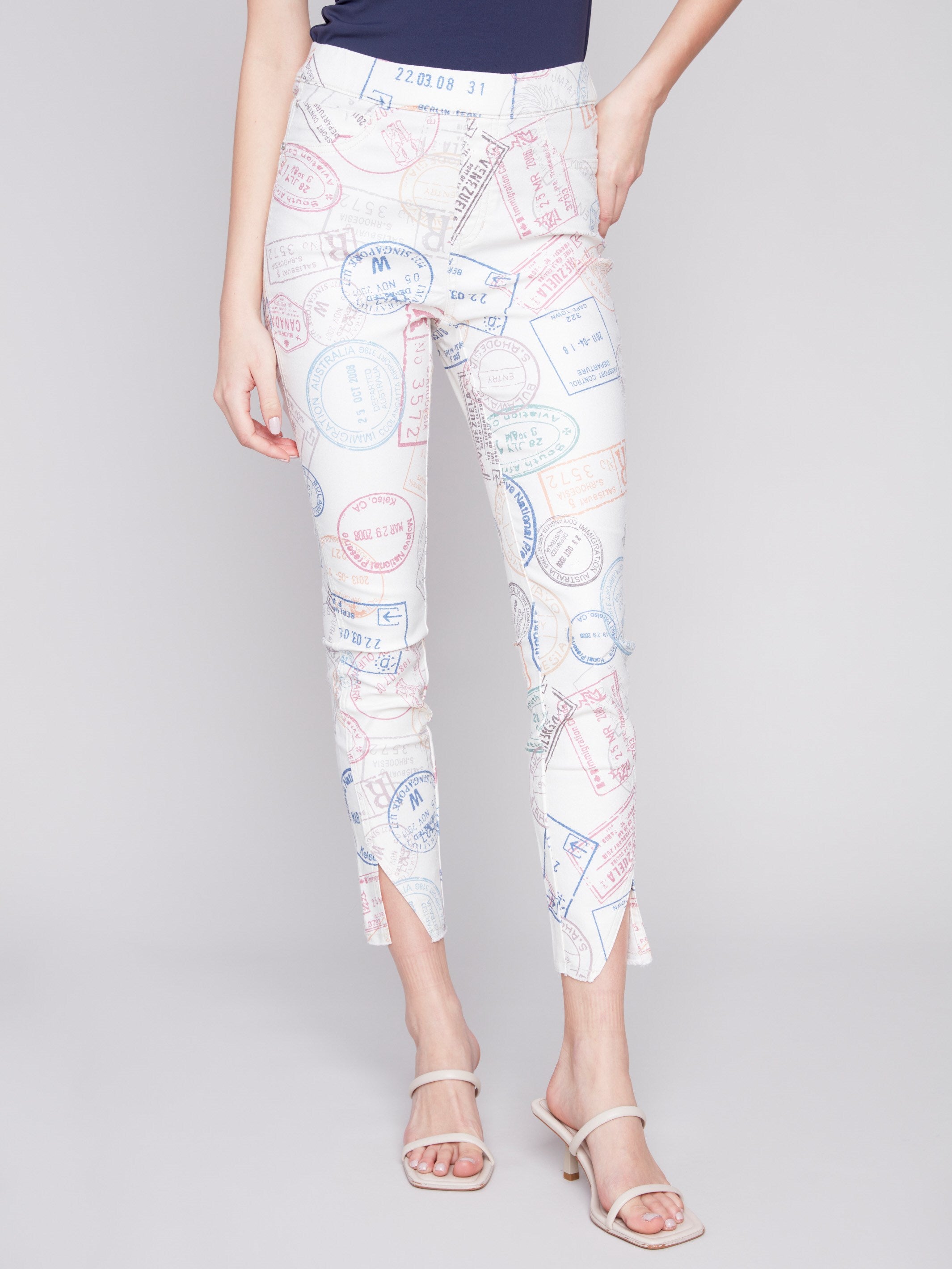 Printed Pull-On Twill Pants with Split Hem - Stamps - Charlie B Collection Canada - Image 2