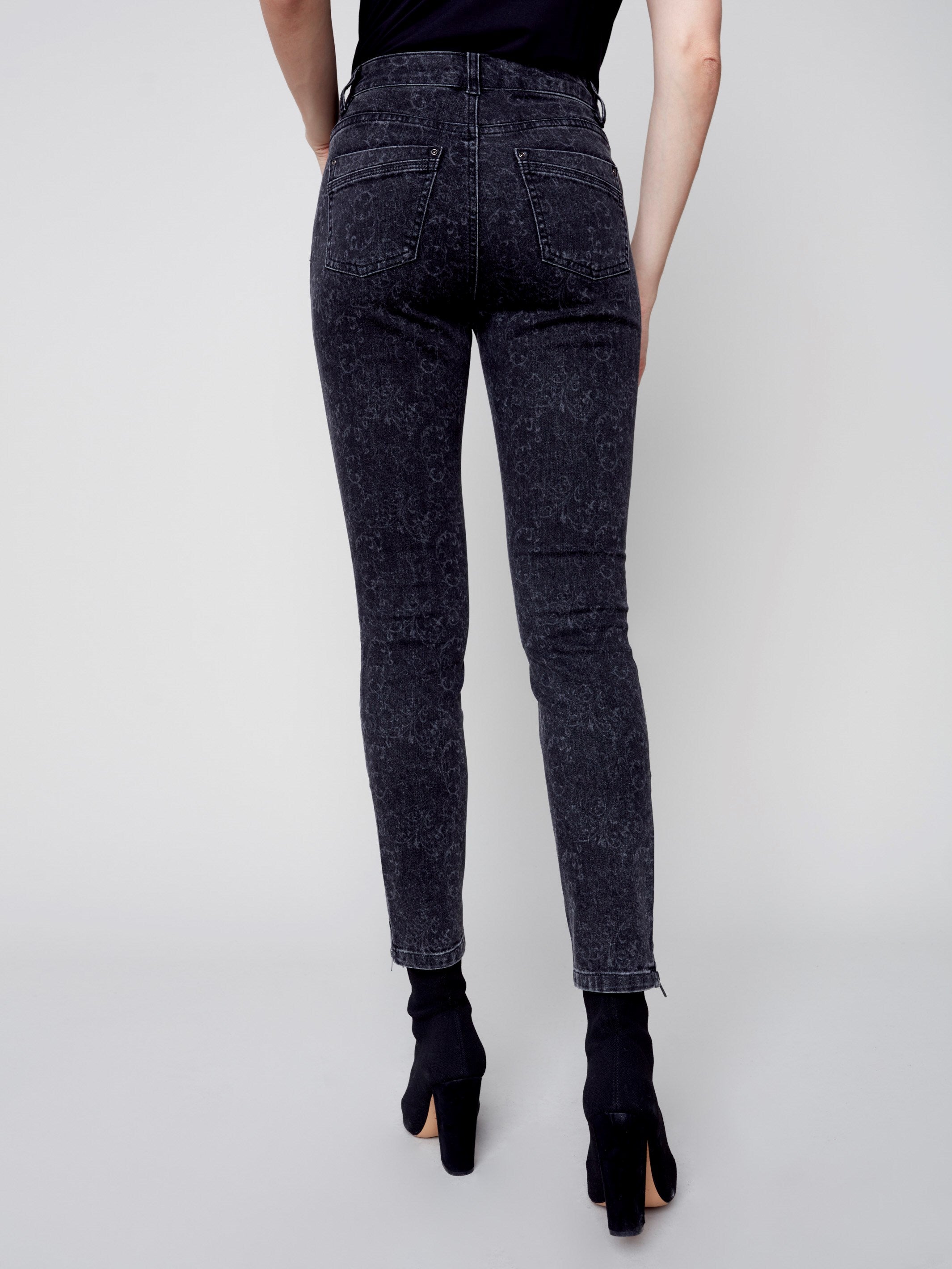 Printed Skinny Jeans with Side Zipper - Charcoal