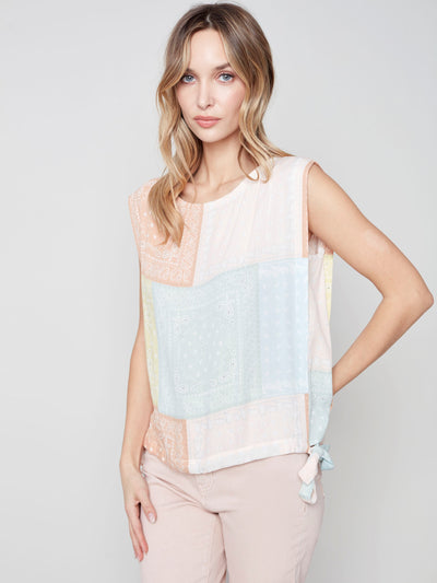 Printed Sleeveless Blouse with Side Ties - Basil - C4485 Charlie B Collection Canada