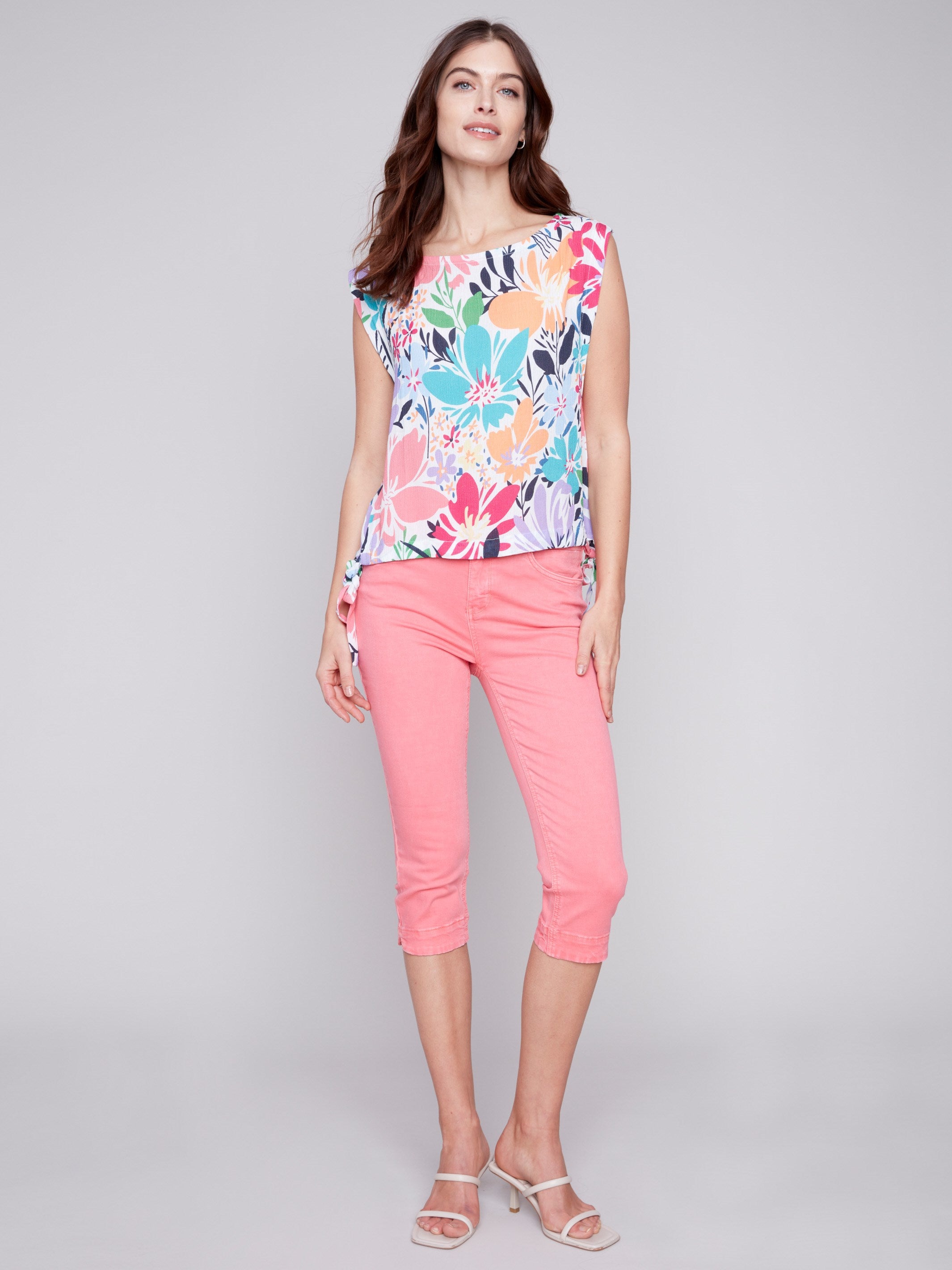 Printed Sleeveless Blouse with Side Ties - Blossom - Charlie B Collection Canada - Image 3