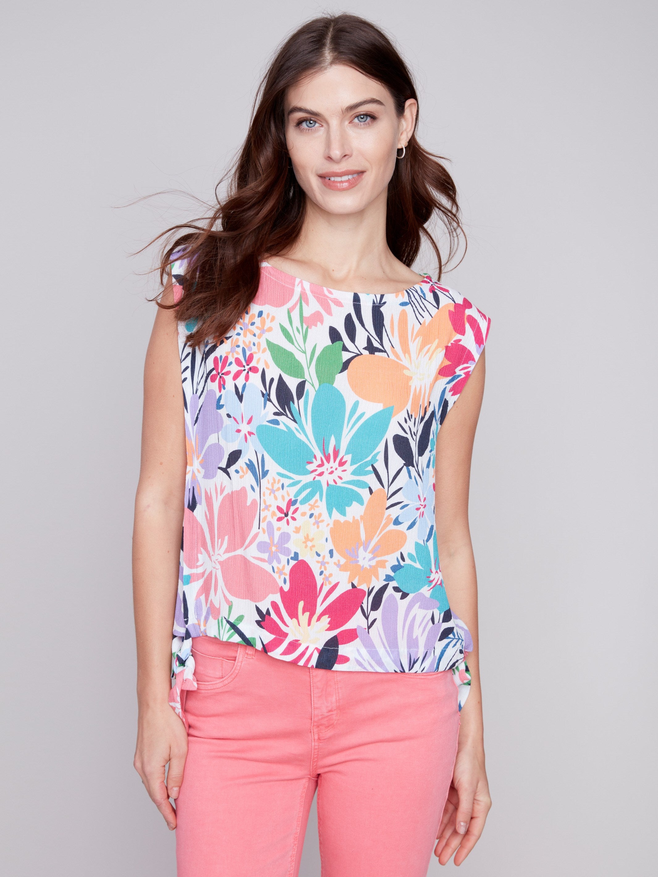 Printed Sleeveless Blouse with Side Ties - Blossom - Charlie B Collection Canada - Image 4
