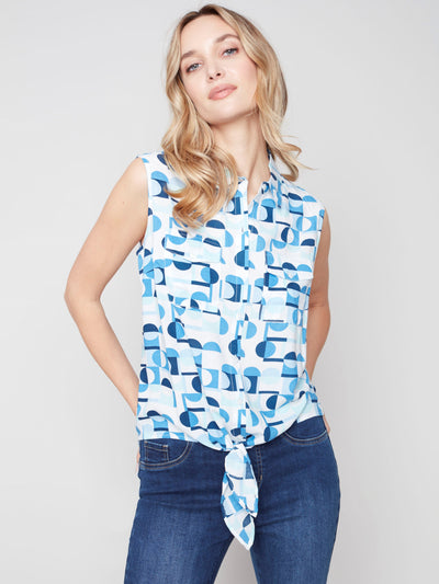 Printed Sleeveless Button-Down Blouse - Azul - C4469 Charlie B Collection Canada