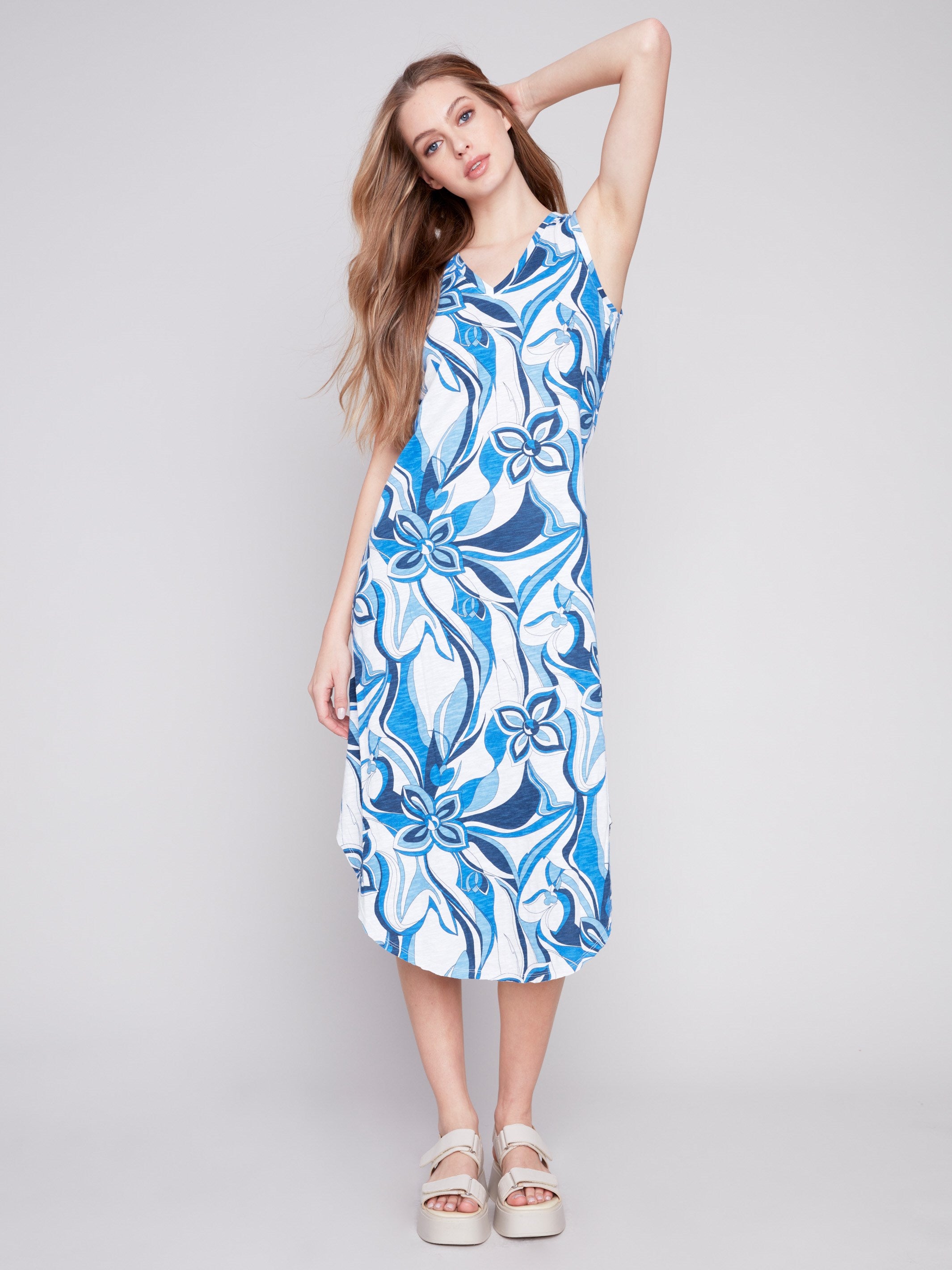 Printed Sleeveless Cotton Dress - Sky - Charlie B Collection Canada - Image 3