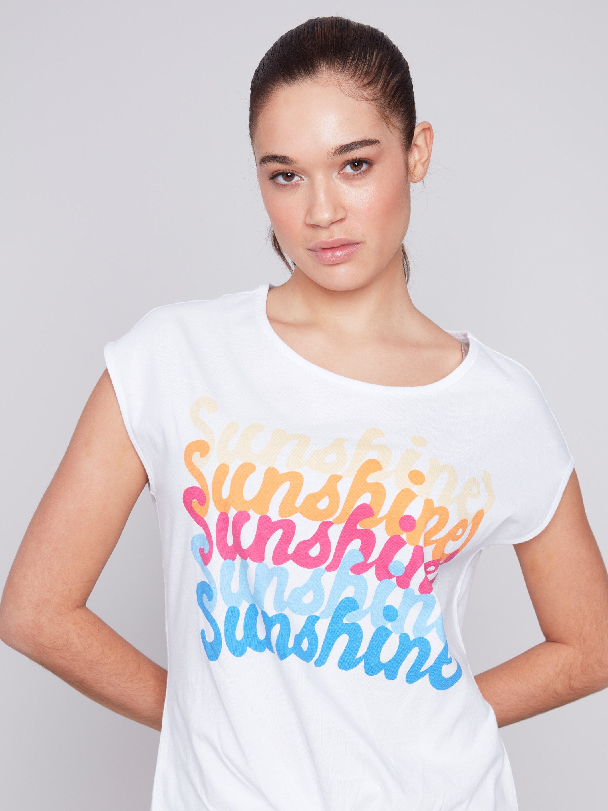 Printed Sleeveless Front Knot Top - Sunshine - Charlie B Collection Canada - Image 2