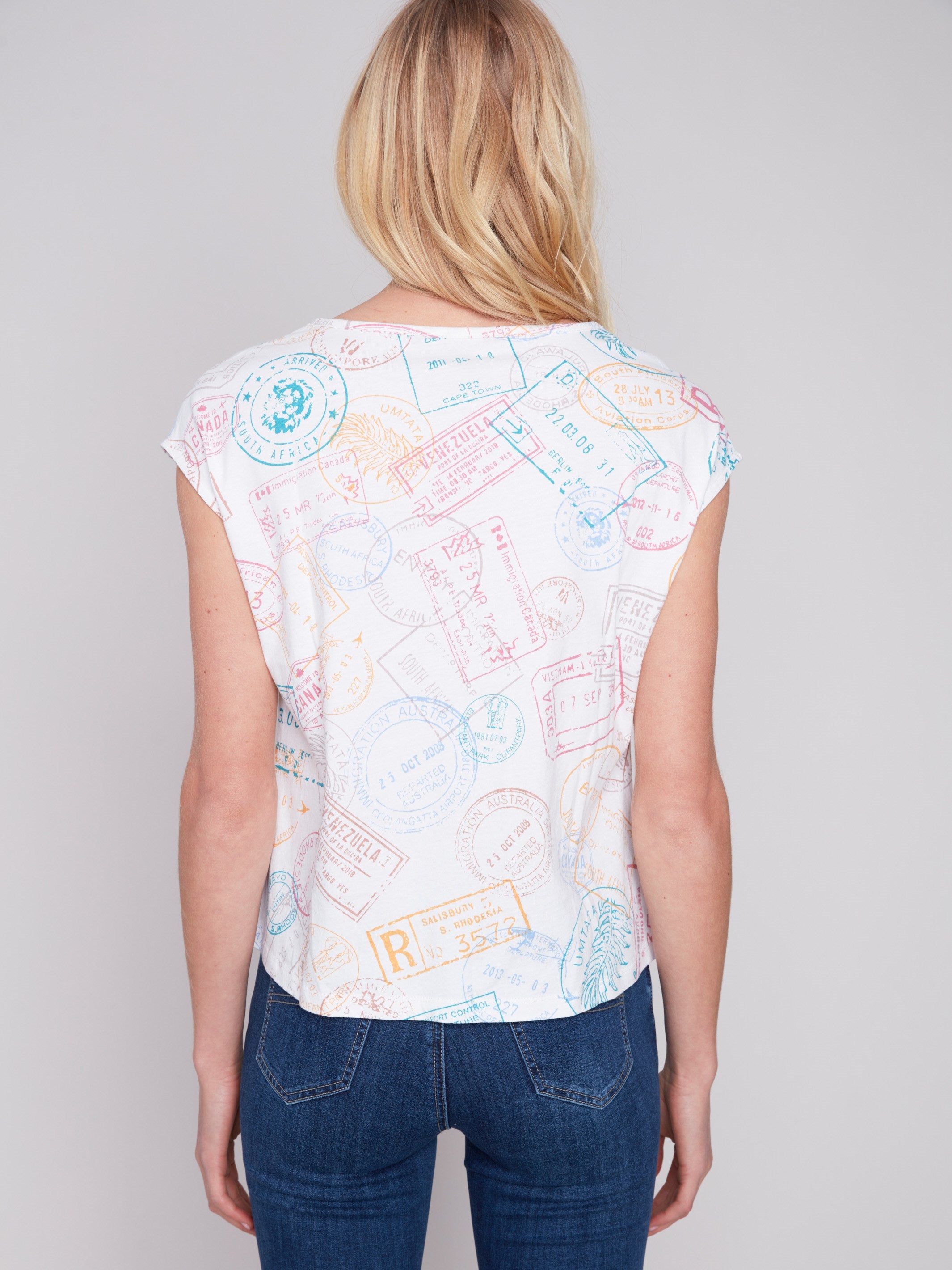 Printed Sleeveless Front Knot Top - Stamps - Charlie B Collection Canada - Image 2