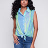 Printed Sleeveless Front Tie Cotton Shirt - Anise - Charlie B Collection Canada - Image 1