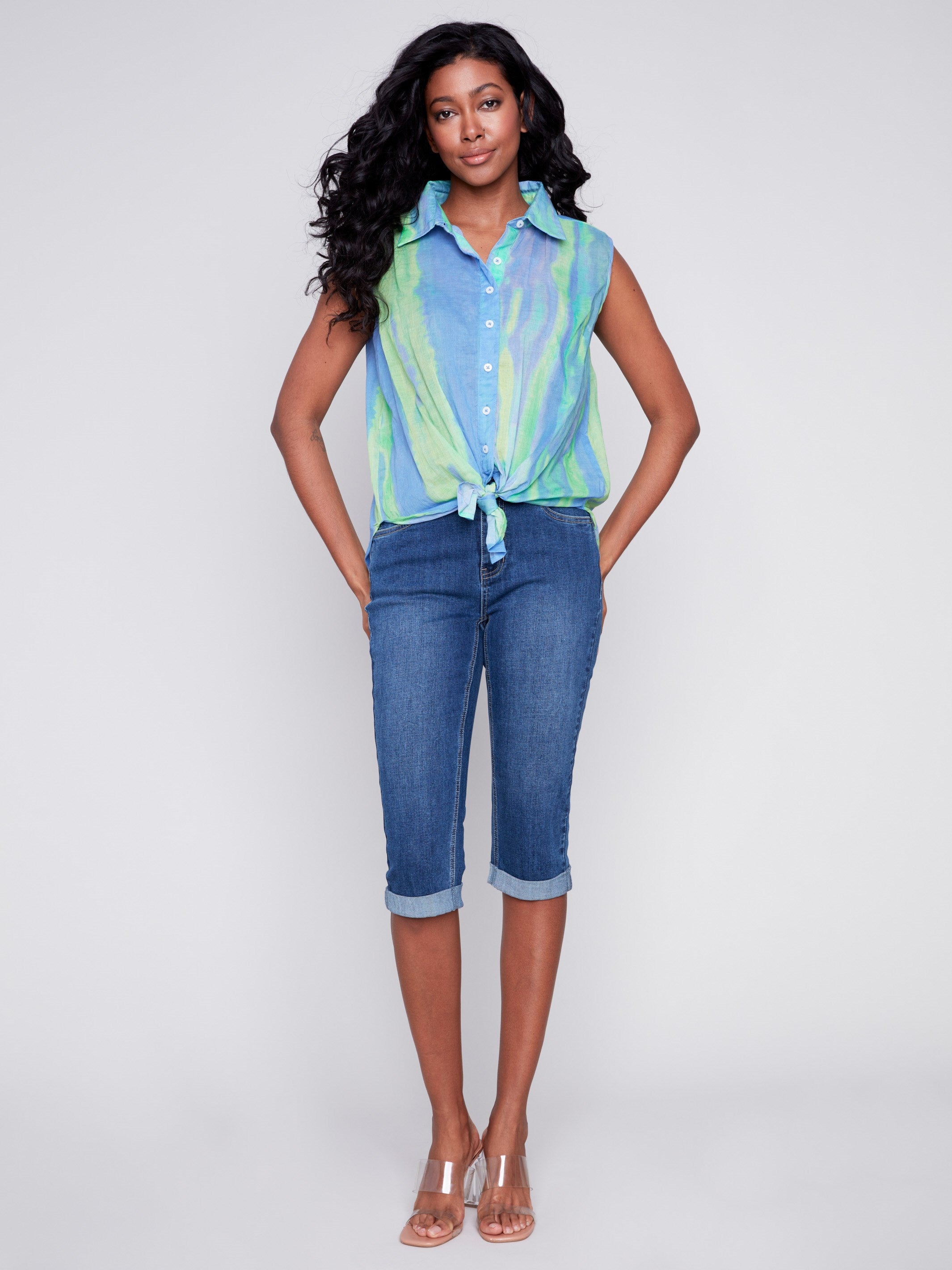 Printed Sleeveless Front Tie Cotton Shirt - Anise - Charlie B Collection Canada - Image 3