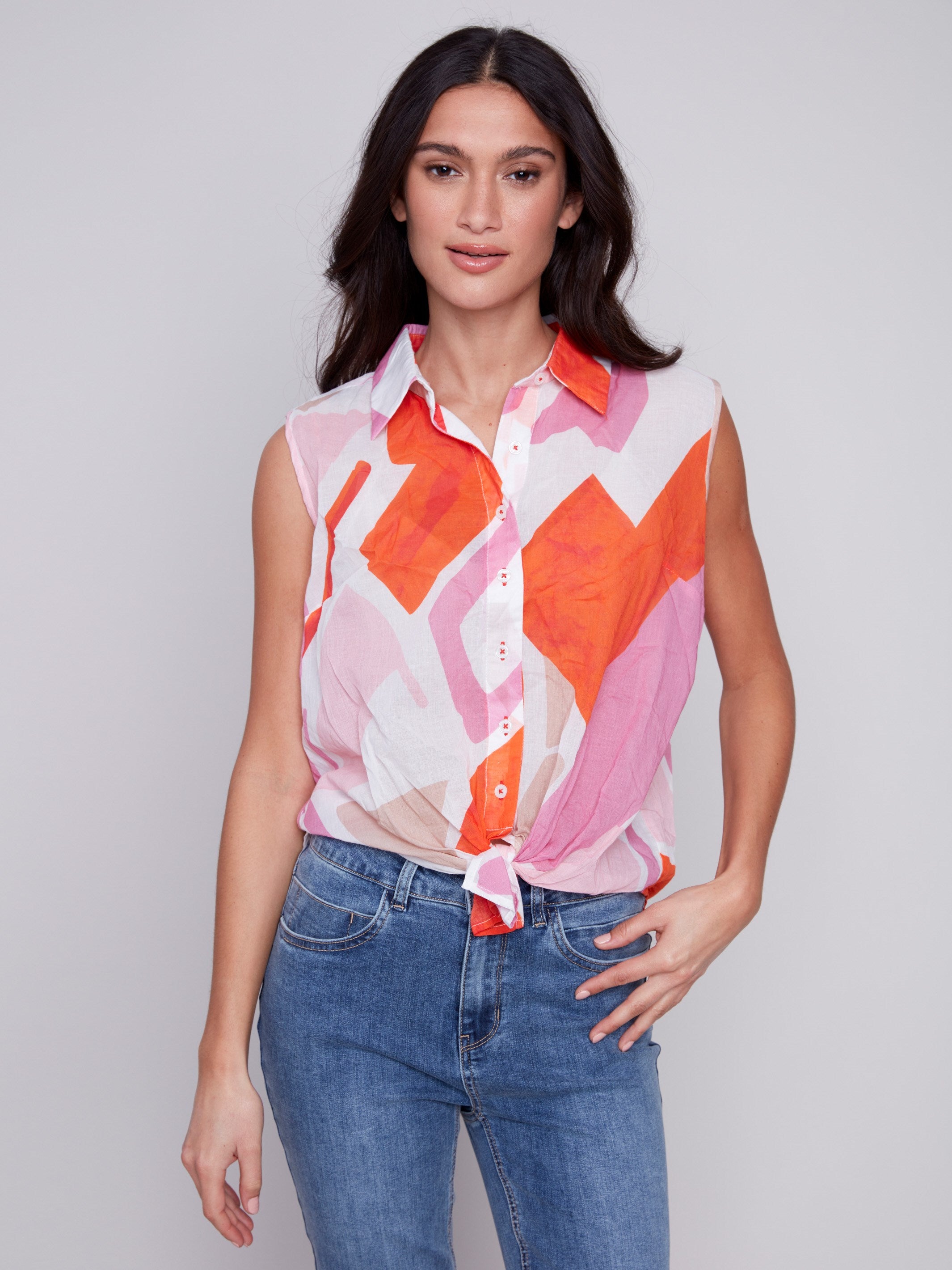 Printed Sleeveless Front Tie Cotton Shirt - Punch - Charlie B Collection Canada - Image 1