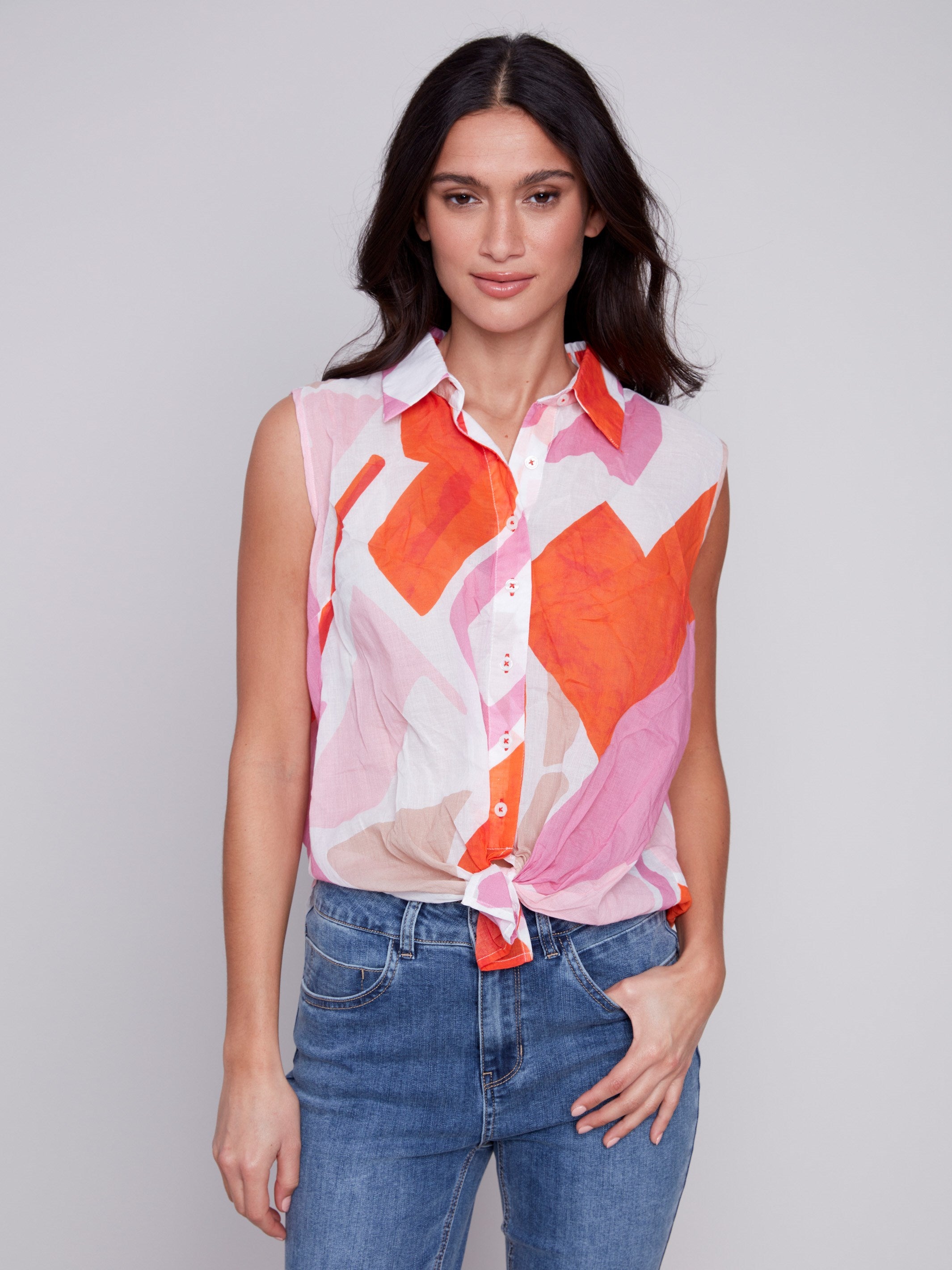 Printed Sleeveless Front Tie Cotton Shirt - Punch - Charlie B Collection Canada - Image 4