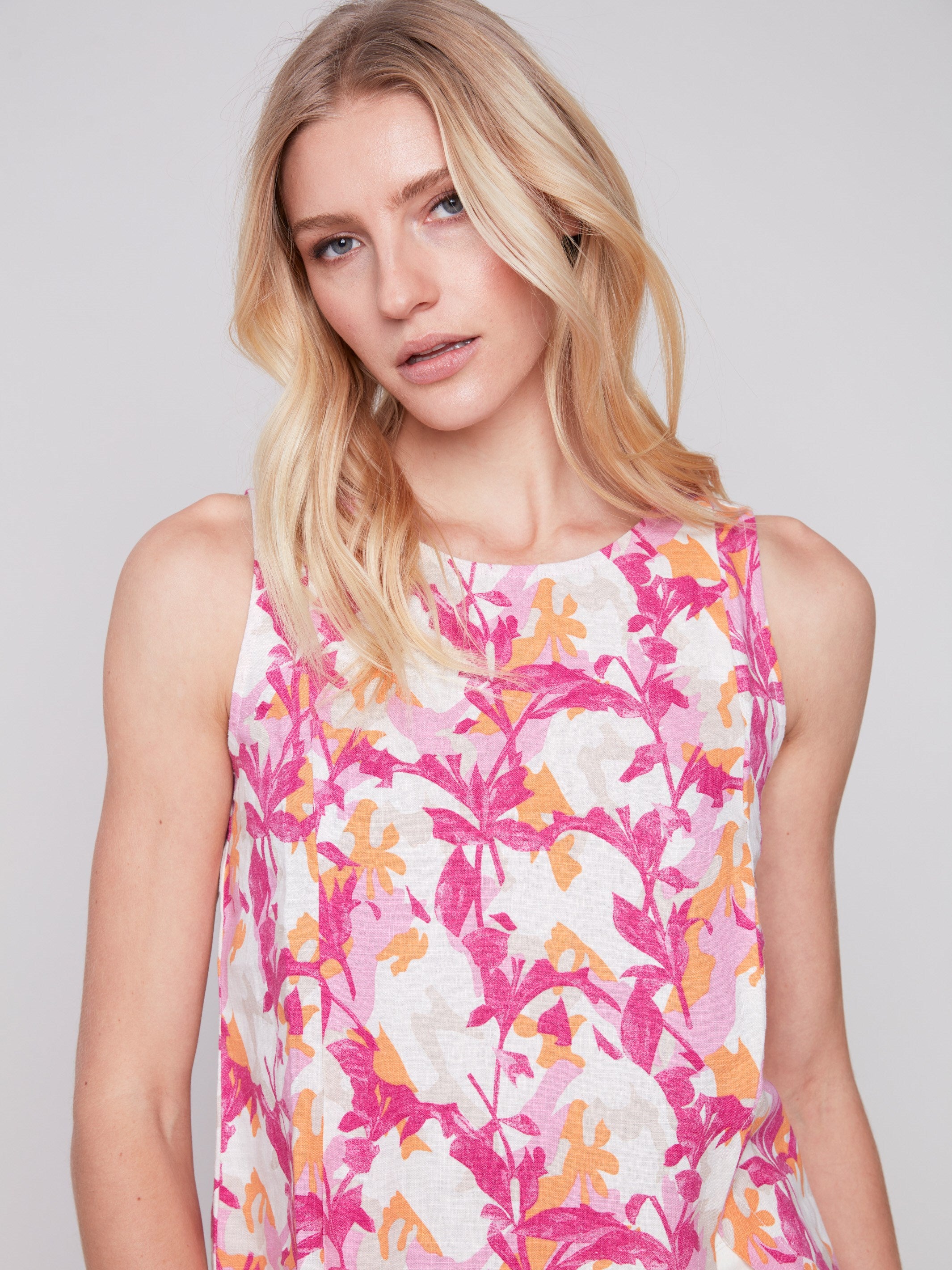 Printed Sleeveless Linen Top with Slit - Sherbet - Charlie B Collection Canada - Image 4