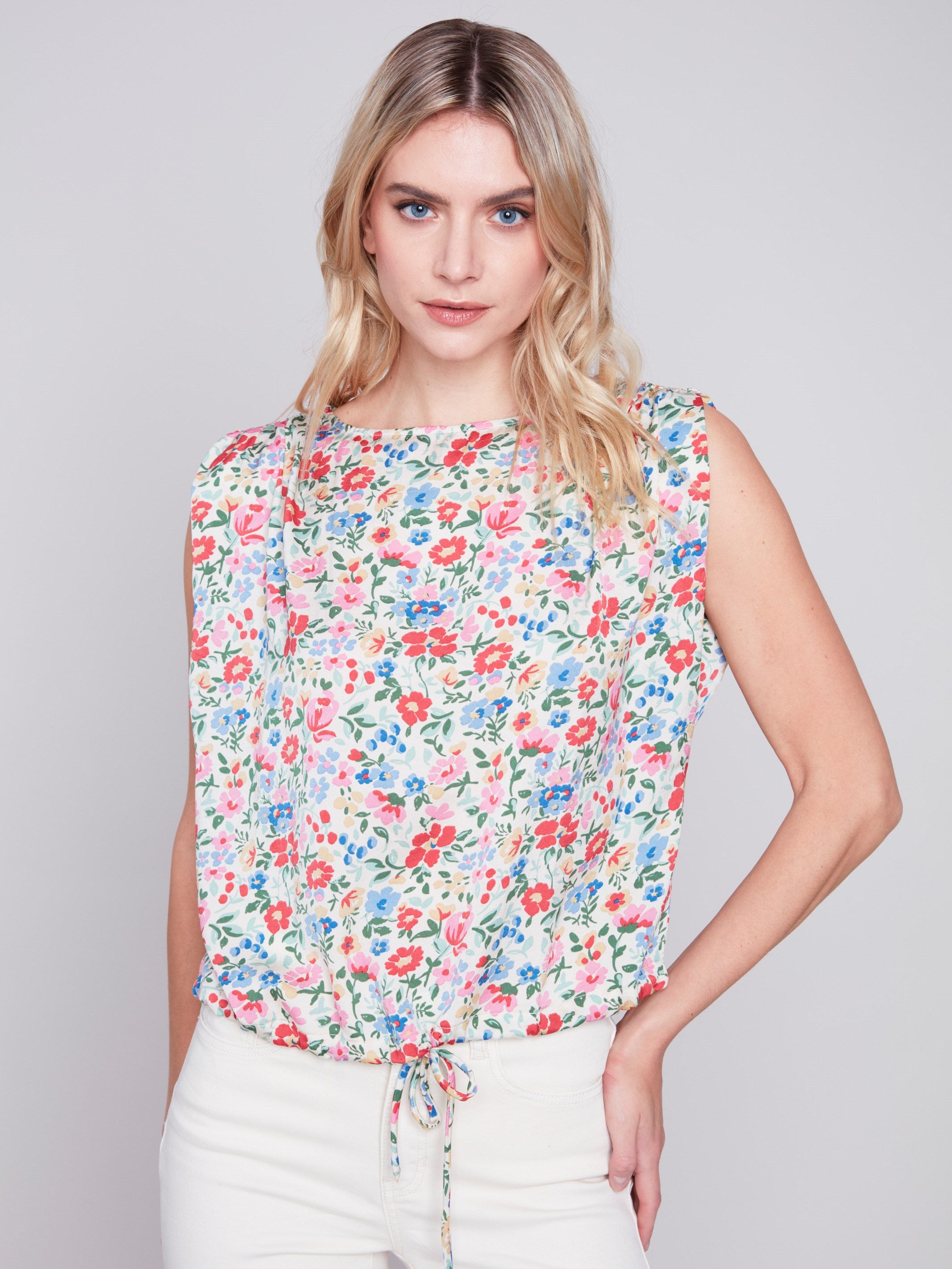 Printed Sleeveless Satin Top With Drawstring - Ditsy - Charlie B Collection Canada - Image 1