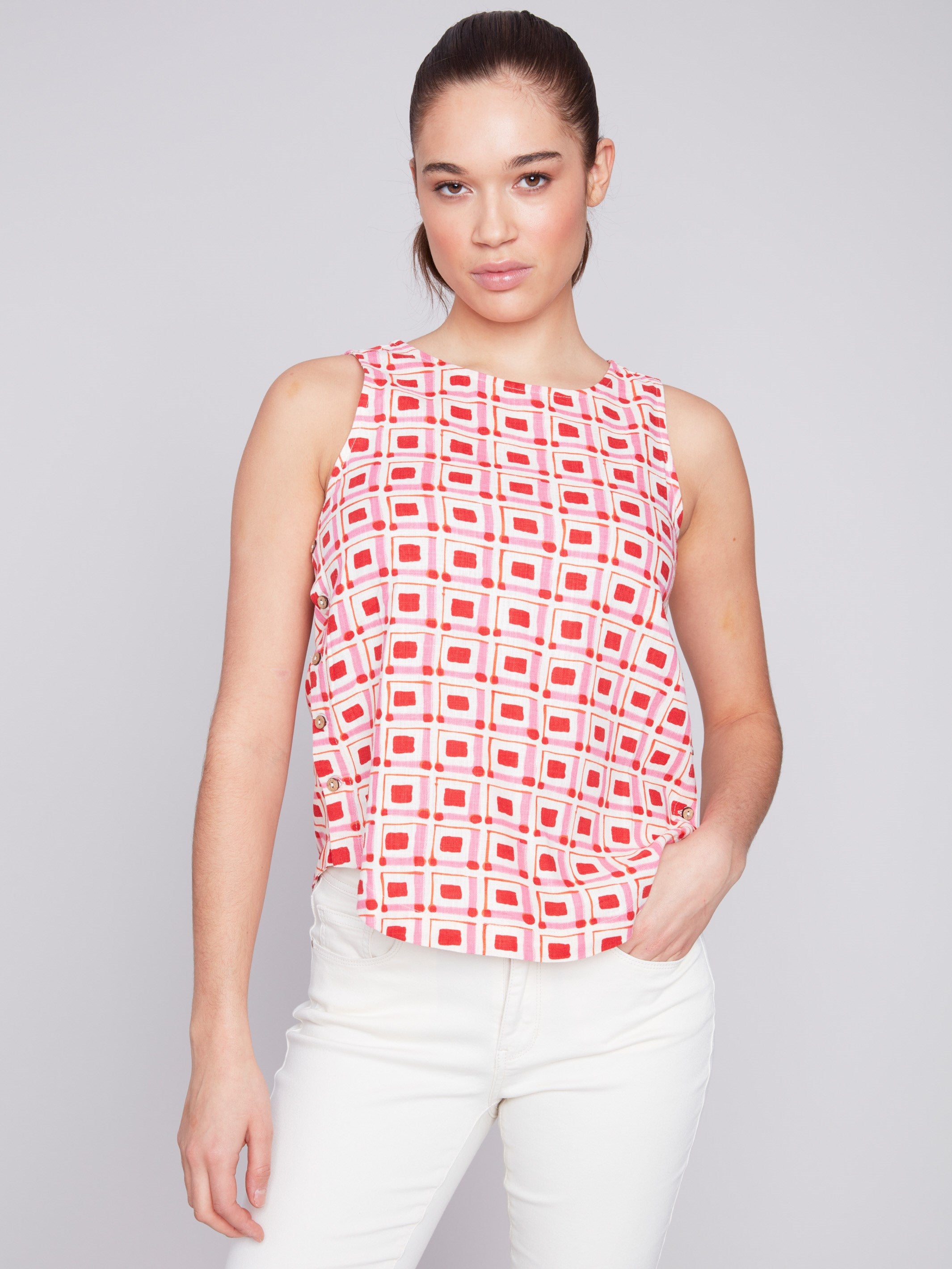 Printed Sleeveless Top with Side Buttons - Cherry - Charlie B Collection Canada - Image 1