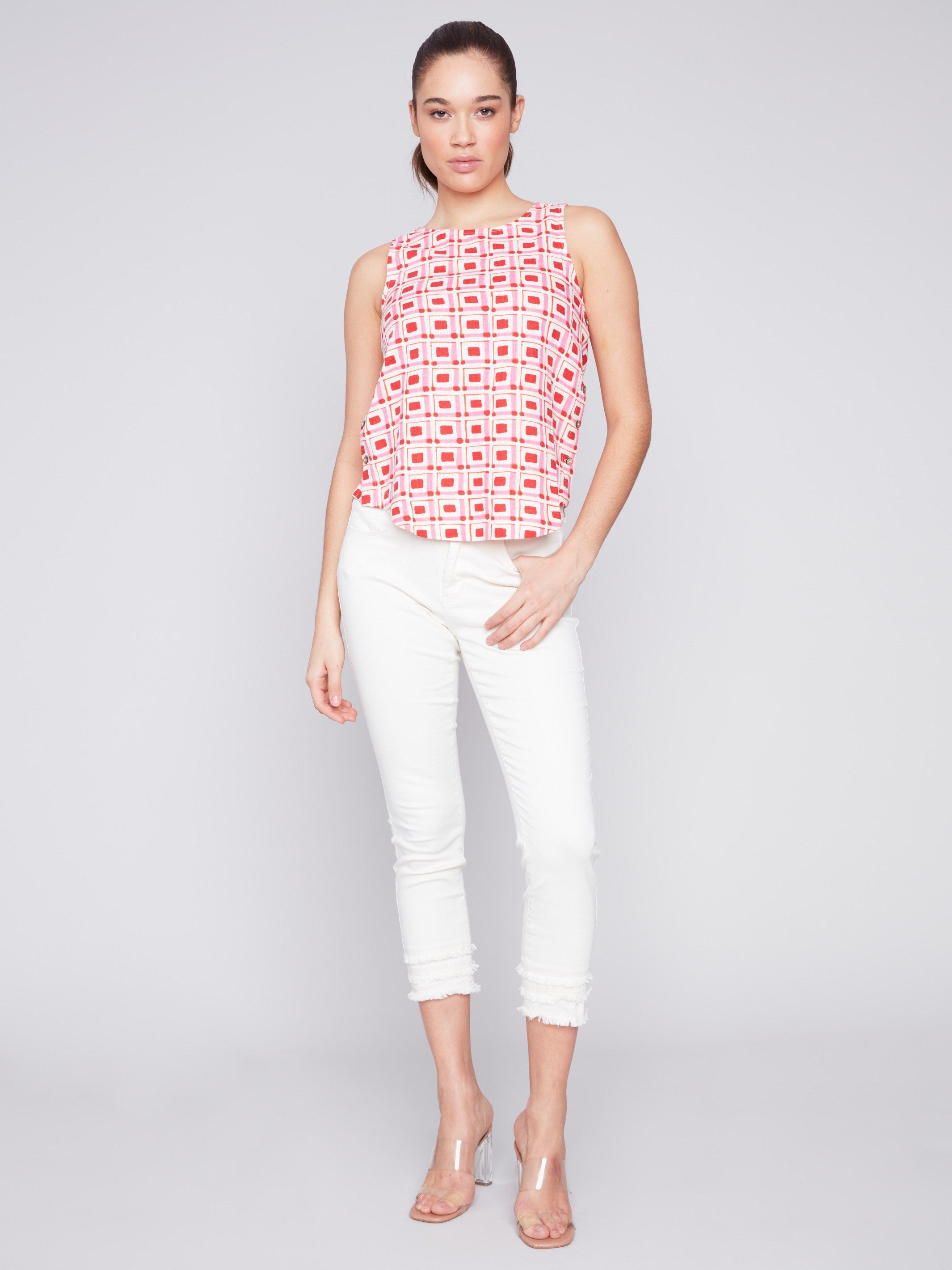 Printed Sleeveless Top with Side Buttons - Cherry - Charlie B Collection Canada - Image 3