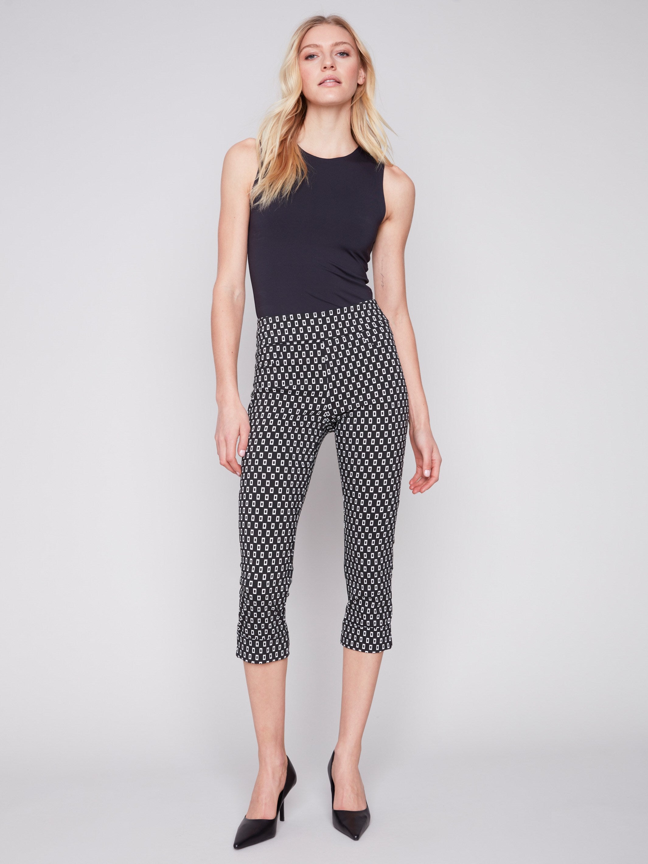 Printed Stretch Pull-On Capri Pants - White Tiles - Charlie B Collection Canada - Image 1