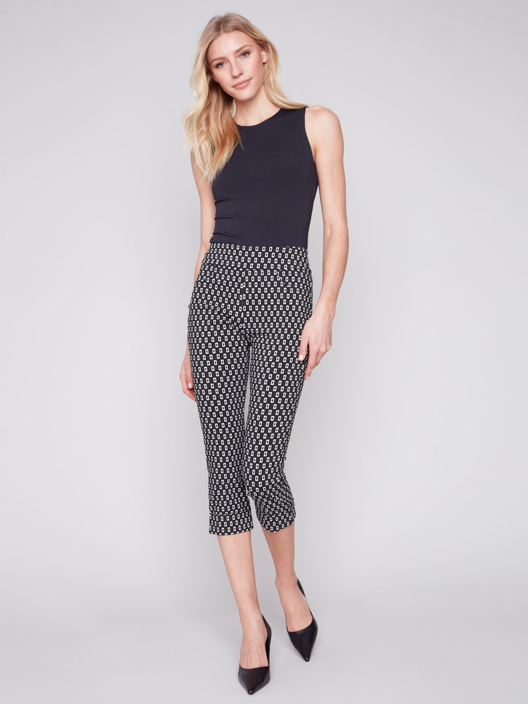 Printed Stretch Pull-On Capri Pants - White Tiles - Charlie B Collection Canada - Image 4