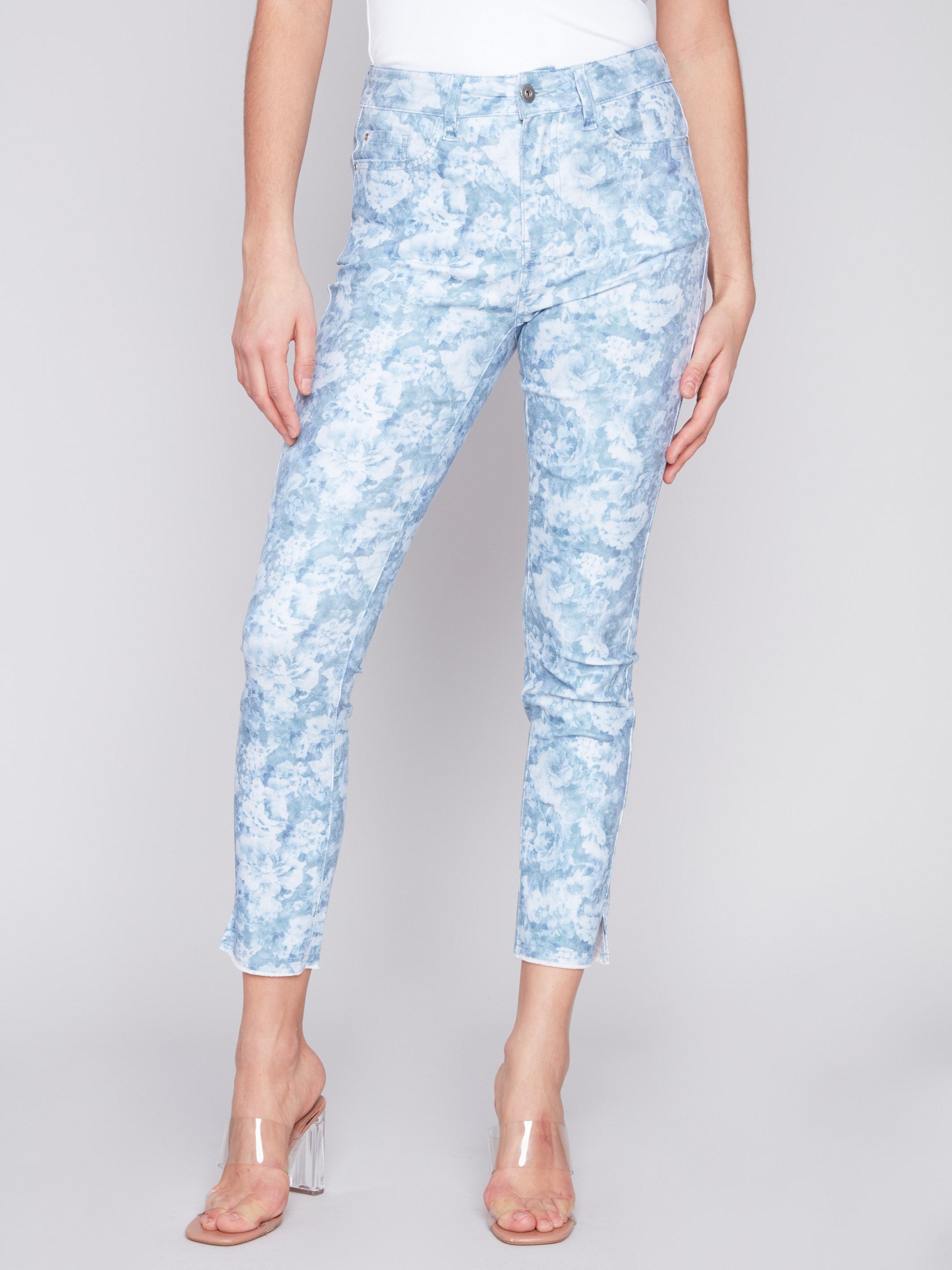 Printed Twill Pants with Hem Slit - Blue Rose - Charlie B Collection Canada - Image 2