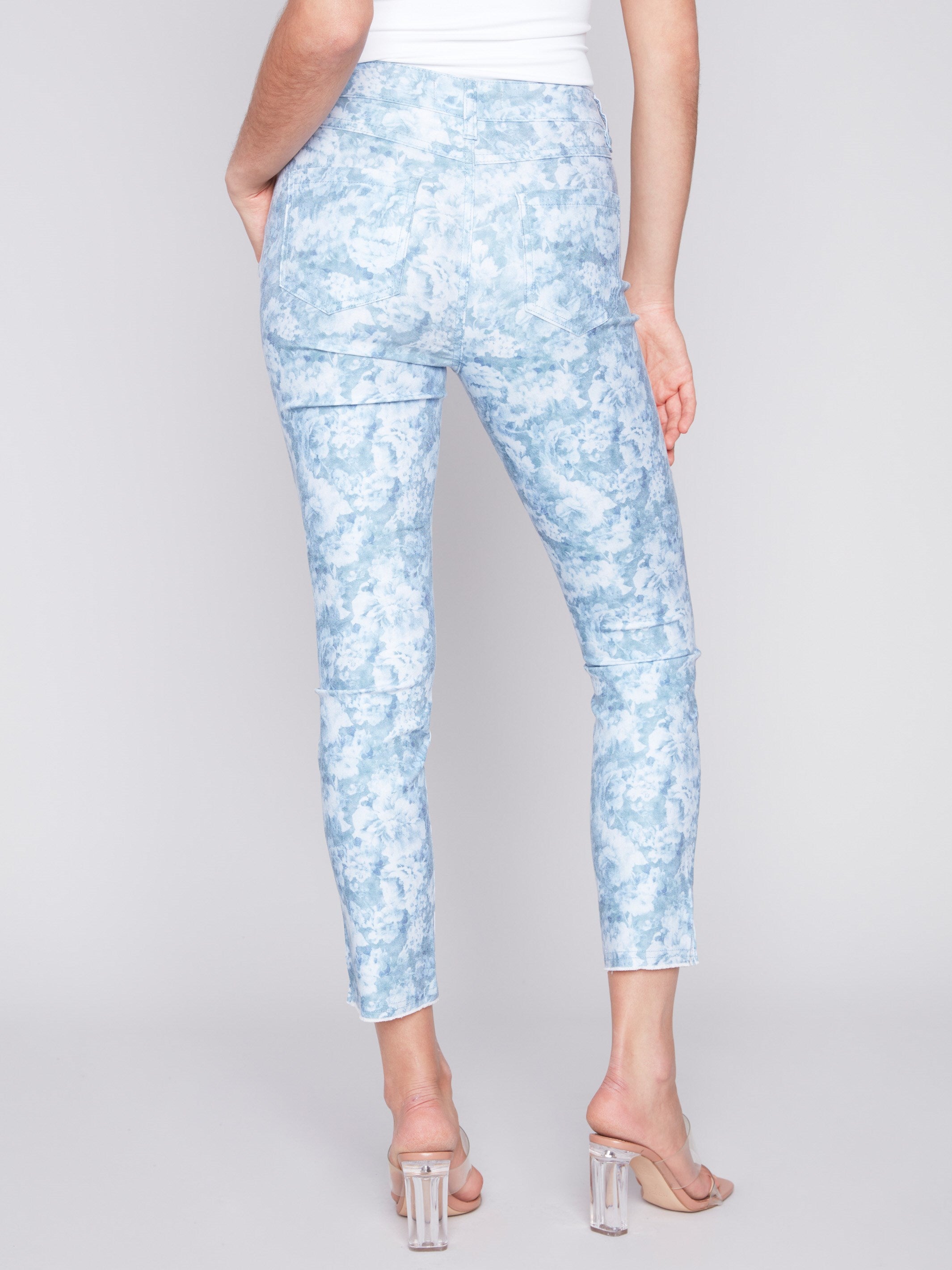 Printed Twill Pants with Hem Slit - Blue Rose - Charlie B Collection Canada - Image 3
