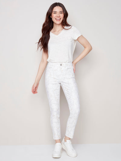 Printed Twill Pants with Hem Slit - Roses - C5139 Charlie B Collection Canada
