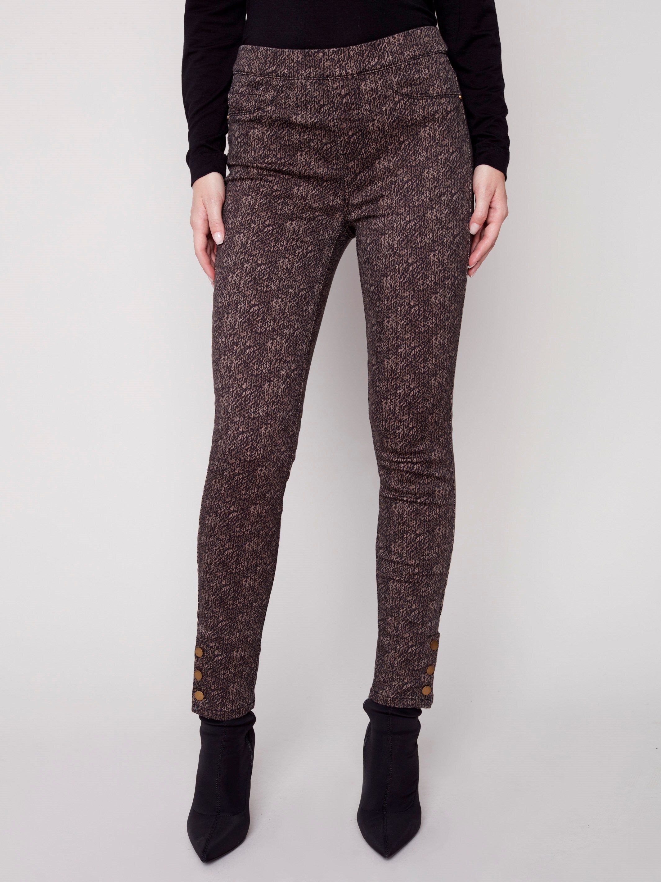 Printed Twill Pants with Snap Button Hem - Truffle