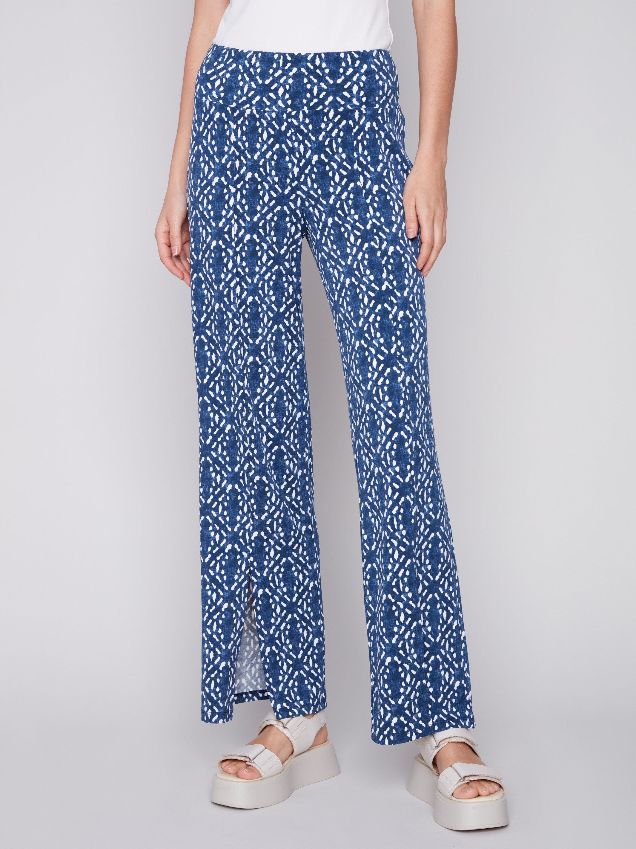 Printed Wide Leg Pants with Front Slits - Indigo - Charlie B Collection Canada - Image 2