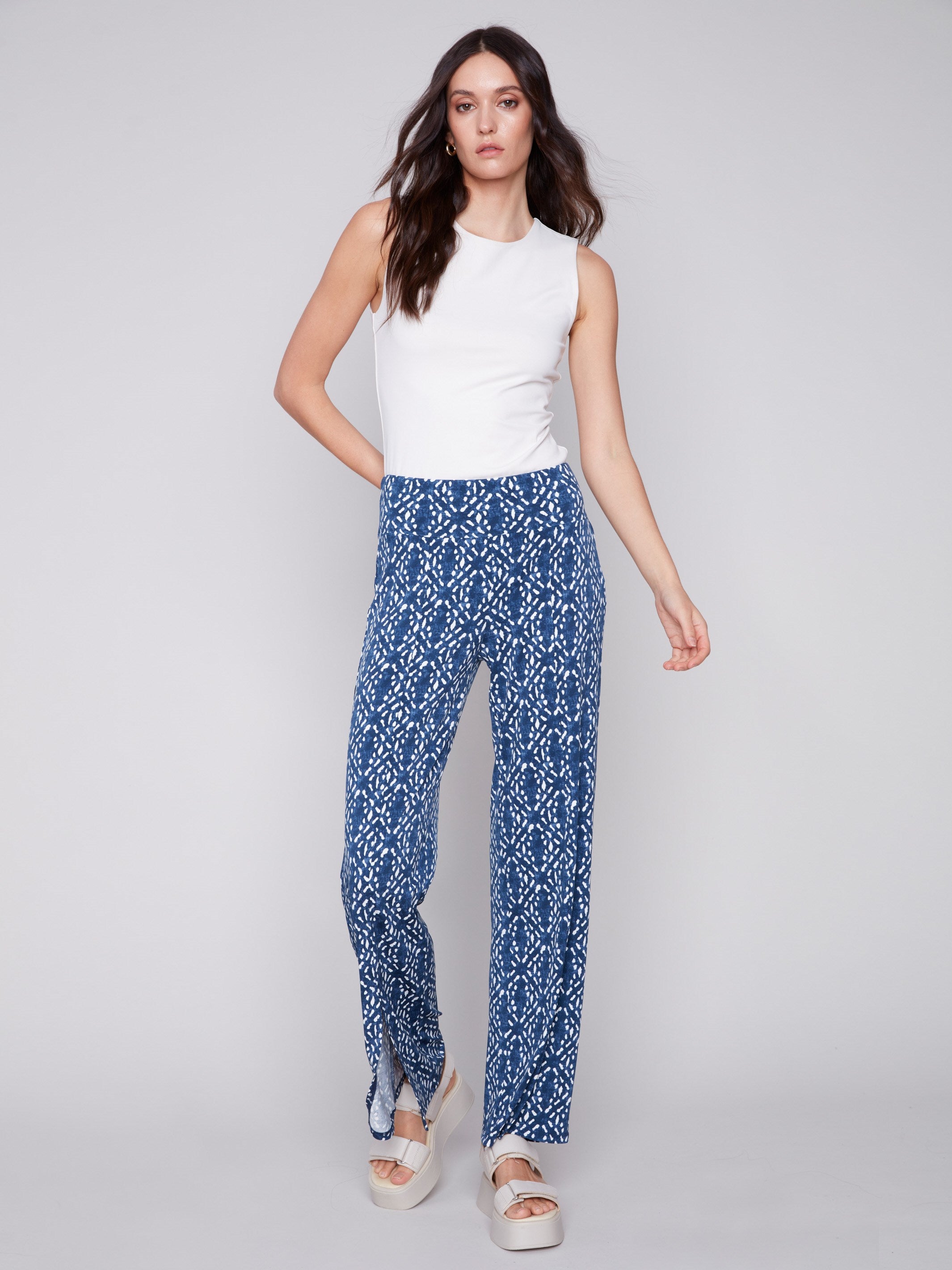 Printed Wide Leg Pants with Front Slits - Indigo - Charlie B Collection Canada - Image 4