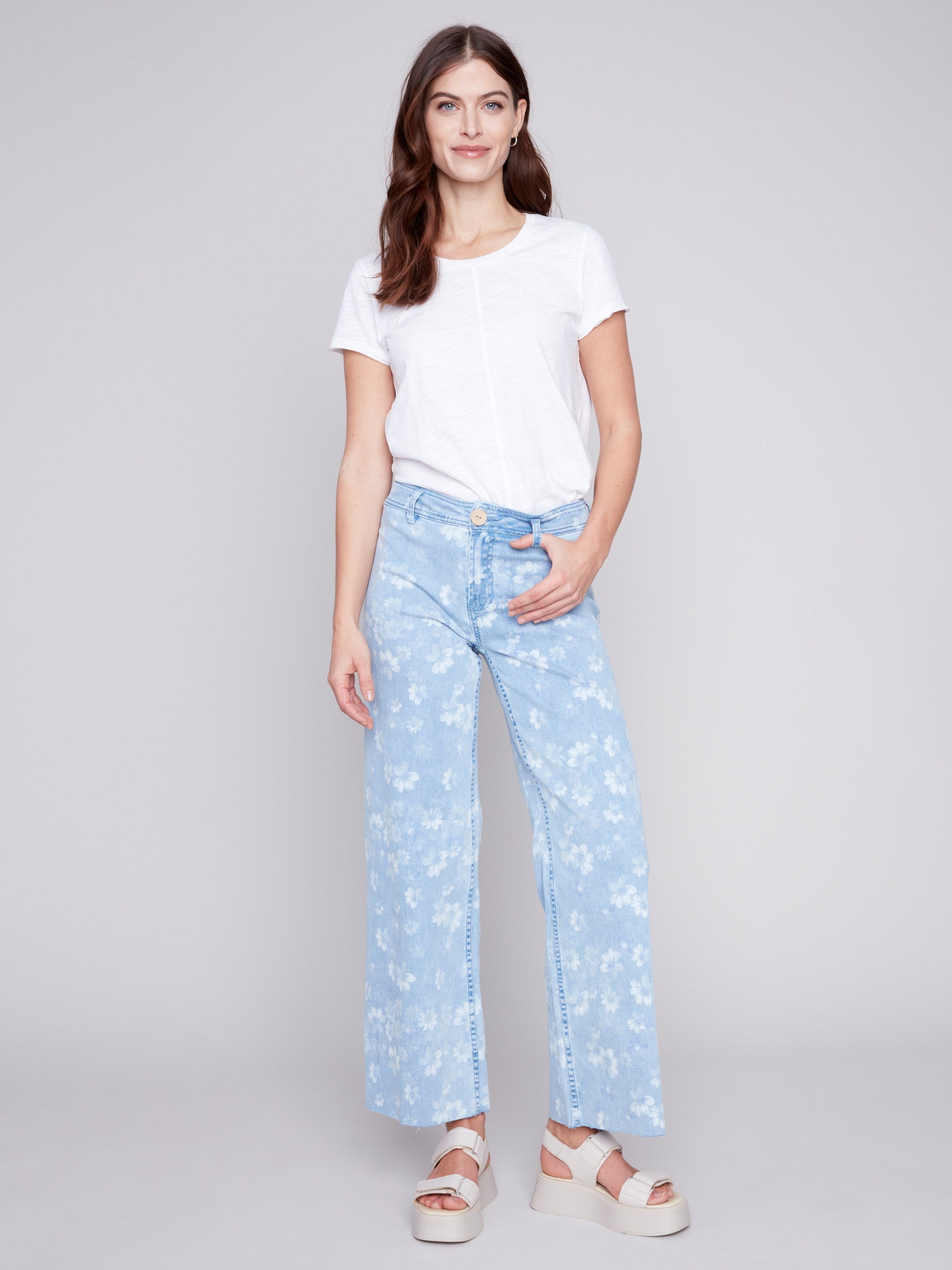 Printed Wide Leg Pants with Raw Hem - Daisy Blue - Charlie B Collection Canada - Image 1