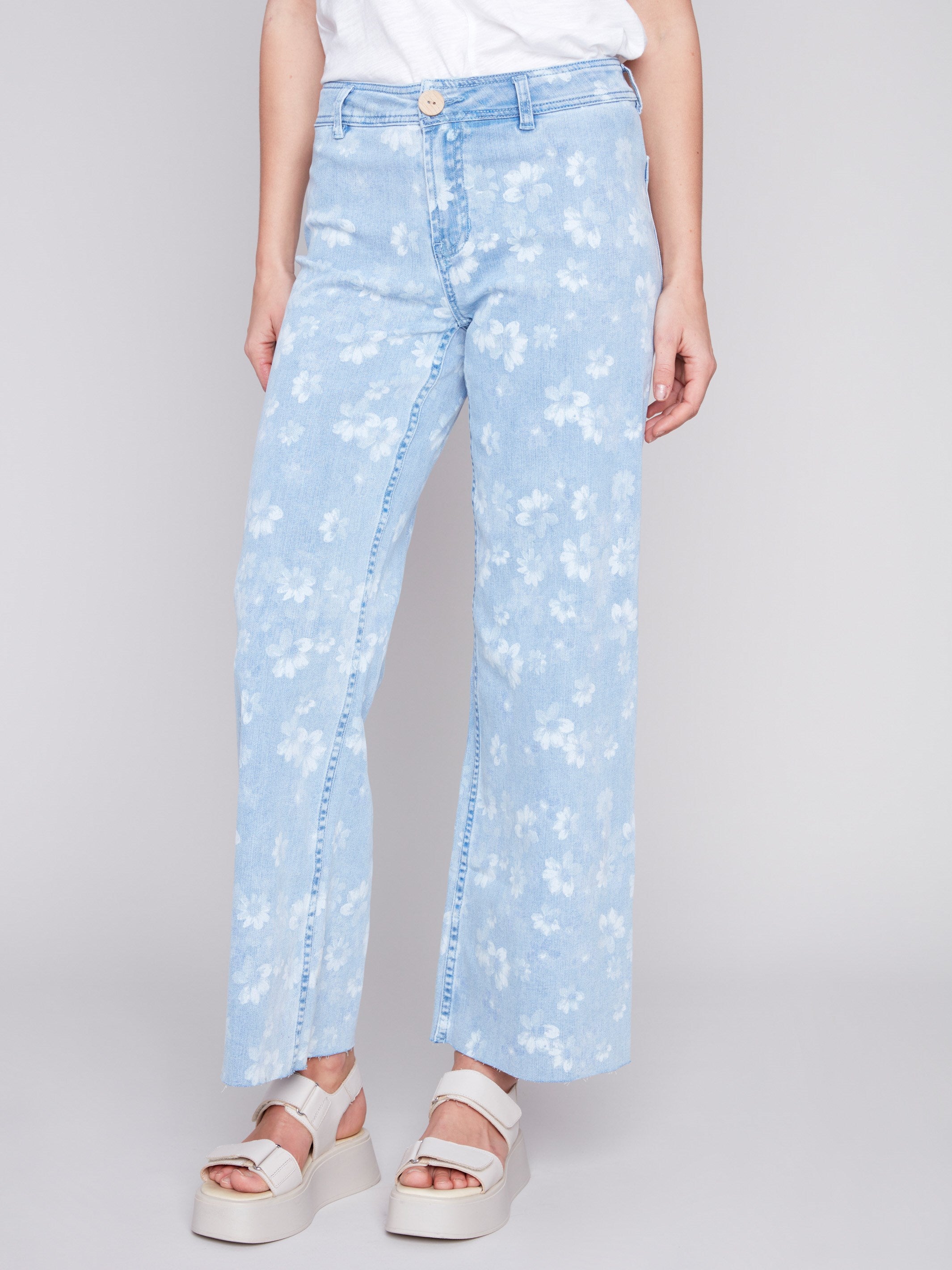 Printed Wide Leg Pants with Raw Hem - Daisy Blue - Charlie B Collection Canada - Image 2