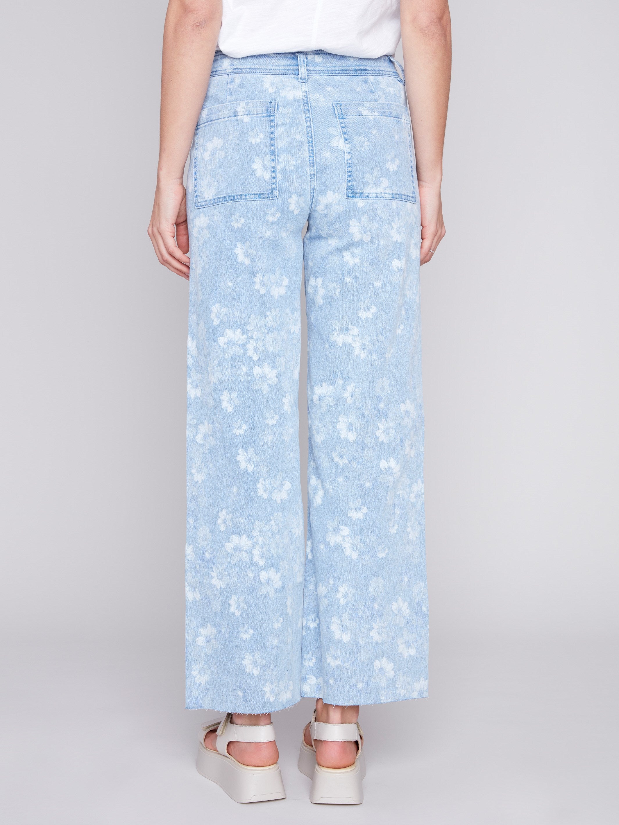 Printed Wide Leg Pants with Raw Hem - Daisy Blue - Charlie B Collection Canada - Image 3