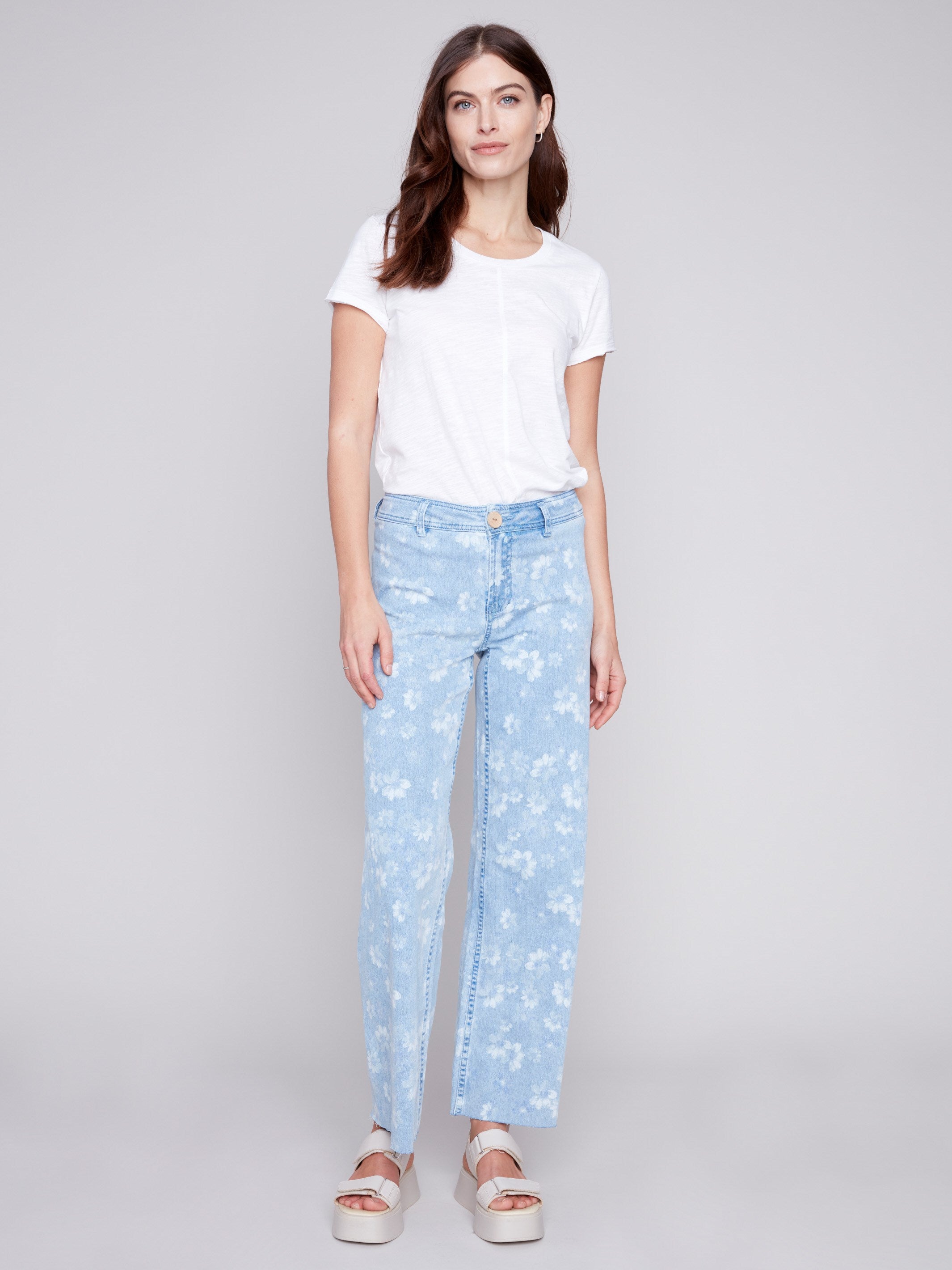 Printed Wide Leg Pants with Raw Hem - Daisy Blue - Charlie B Collection Canada - Image 4
