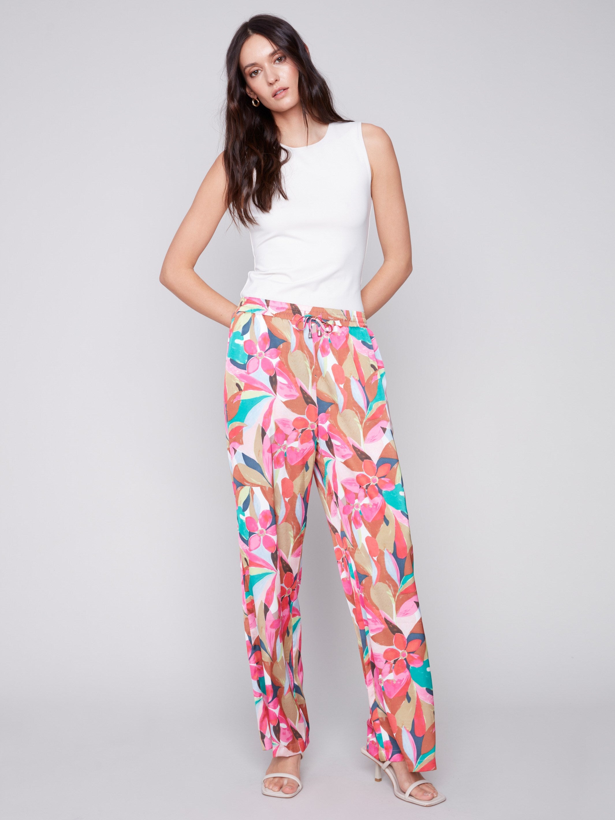 Printed Wide Leg Satin Pants - Flora - Charlie B Collection Canada - Image 1