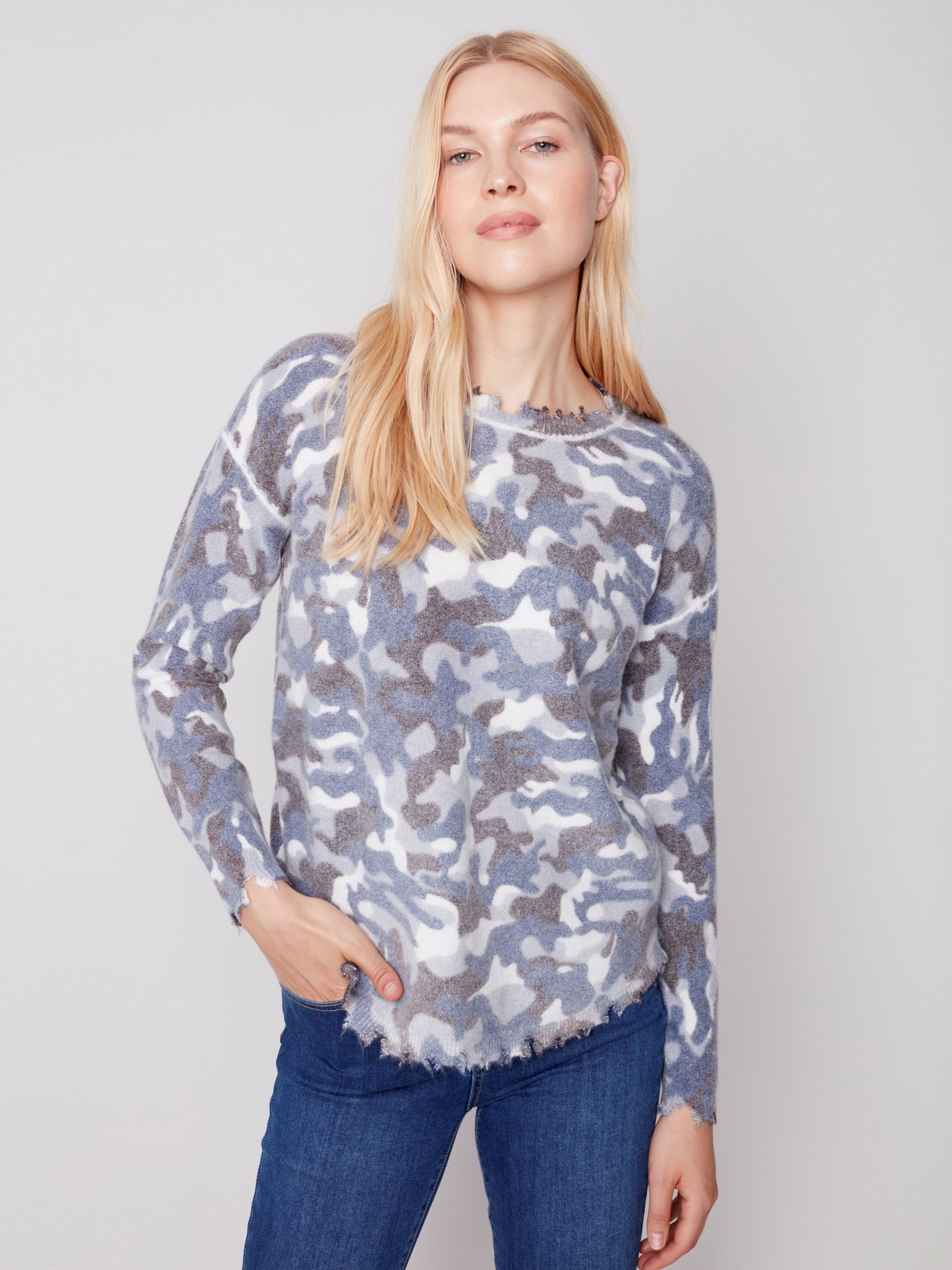 Reversible Printed Sweater with Frayed Edge - Denim
