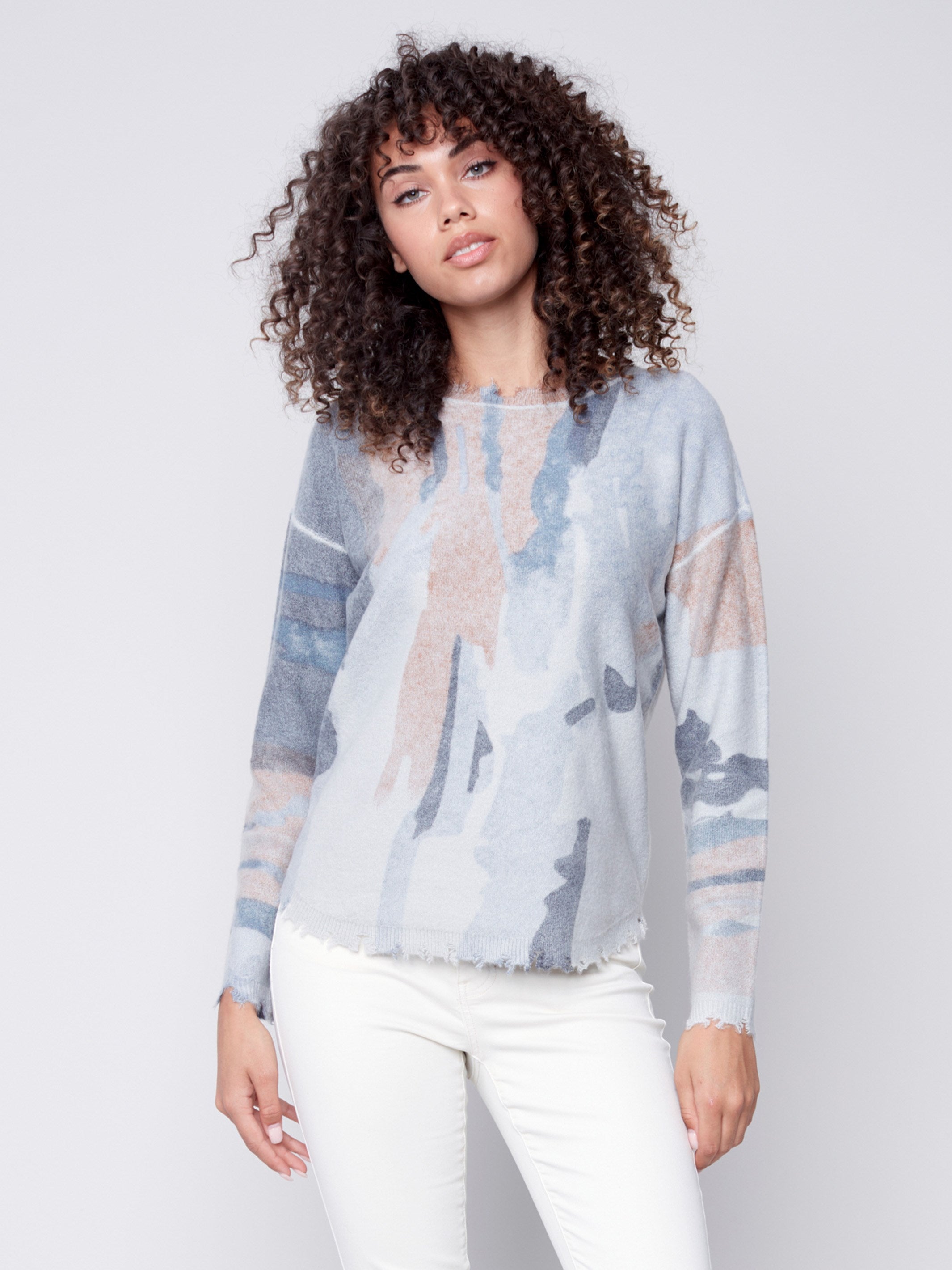 Reversible Printed Sweater with Frayed Edge - Truffle