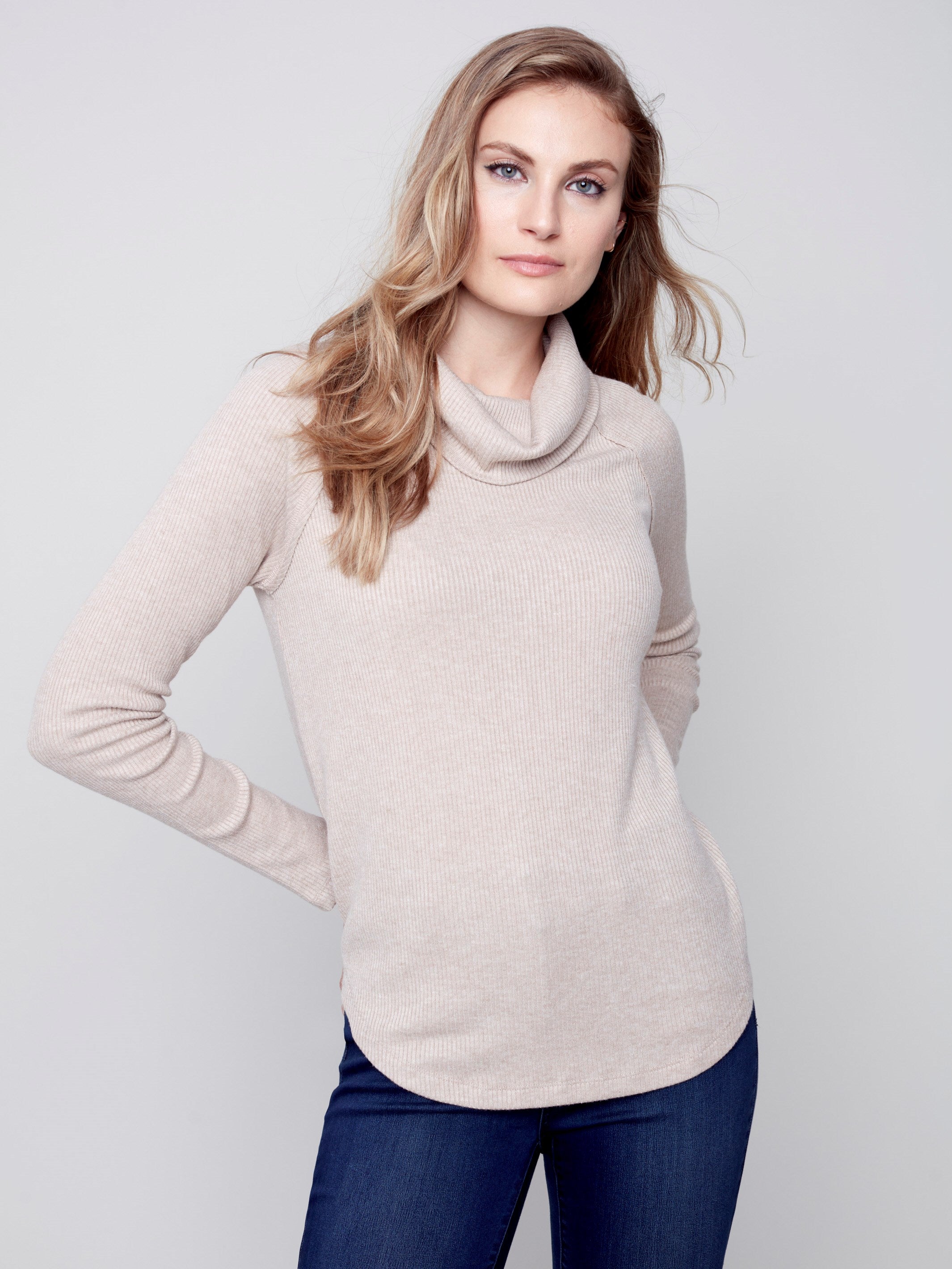 Ribbed Cowl Neck Top - Truffle