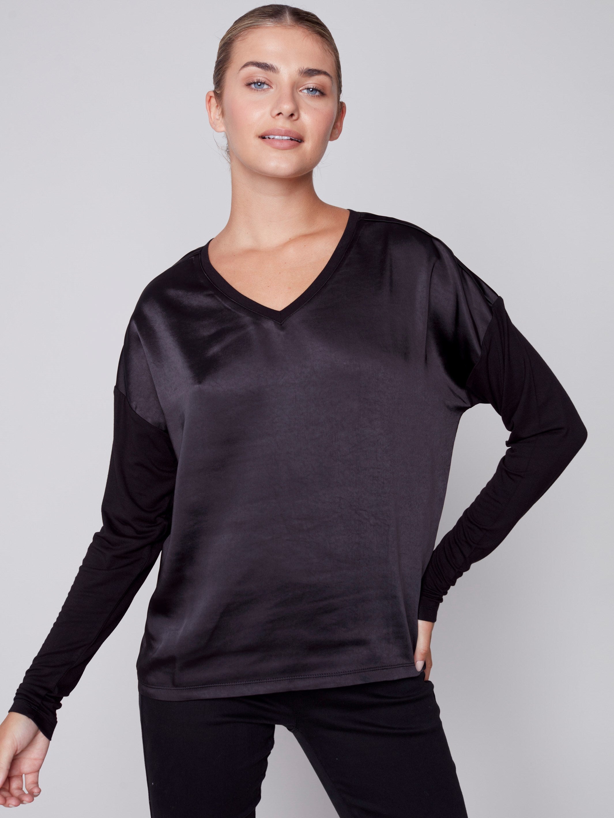 Satin and Jersey Knit Top - Black