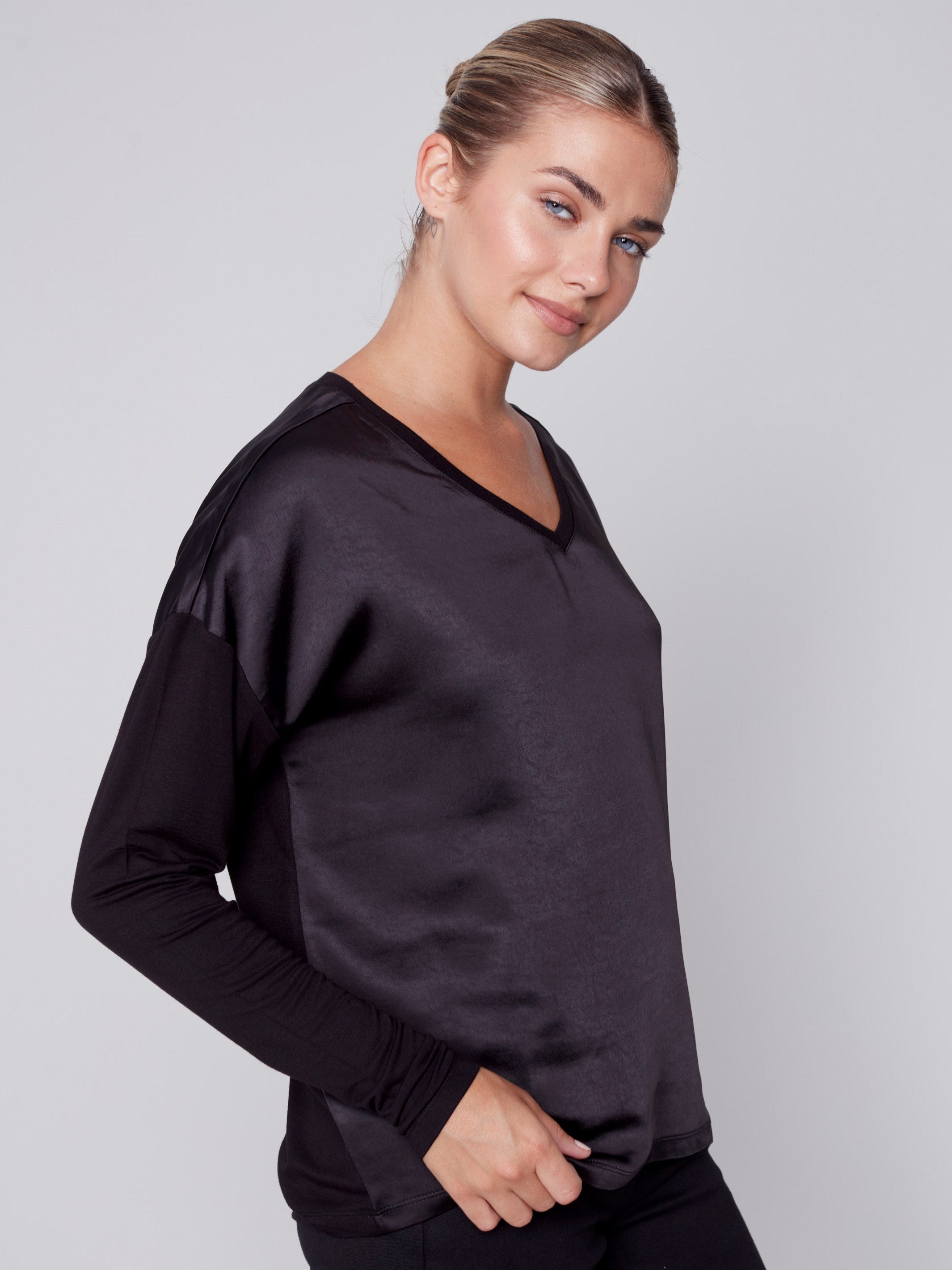 Satin and Jersey Knit Top - Black