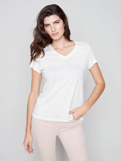 Short-Sleeved Linen T-Shirt with V-neck - Natural - C1231 Charlie B Collection Canada