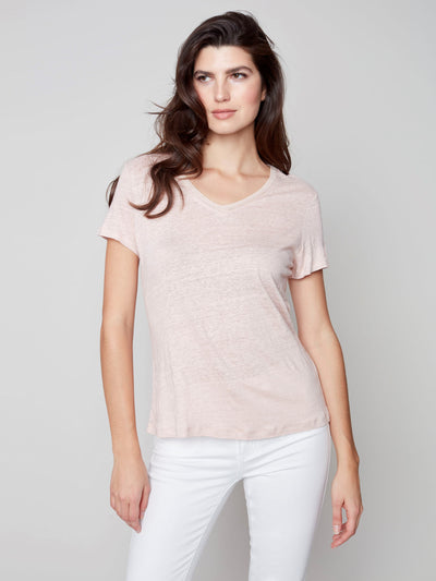 Short-Sleeved Linen T-Shirt with V-neck - Pearl Pink - C1231 Charlie B Collection Canada