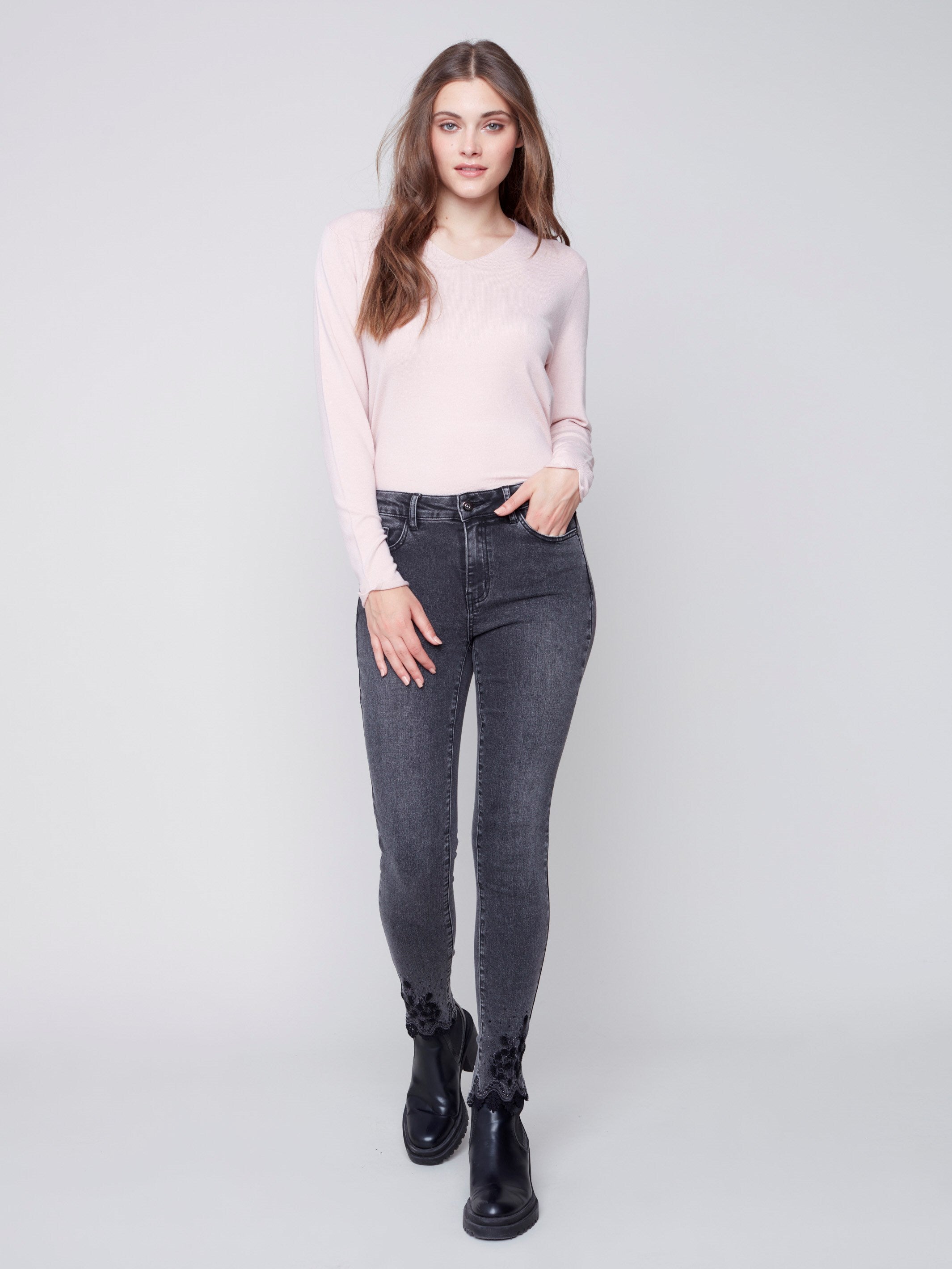 Skinny Jeans with Embroidered Scalloped Hem - Charcoal