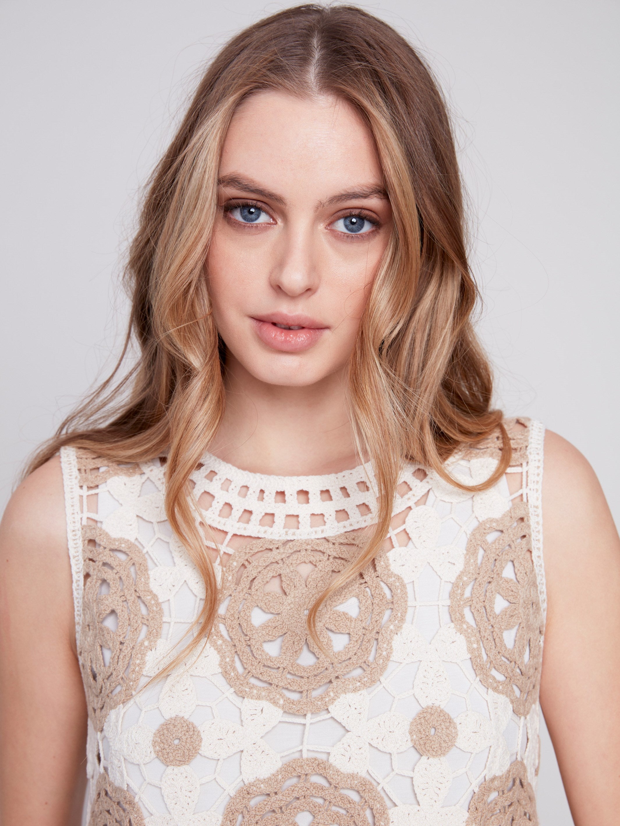 Sleeveless Crochet Top With Floral Pattern - Dune - Charlie B Collection Canada - Image 4